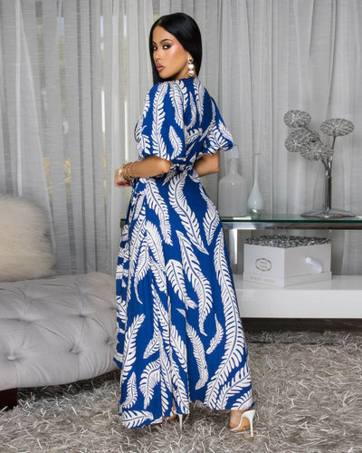 Daria Navy-Blue White Floral Print Wrap Maxi Dress