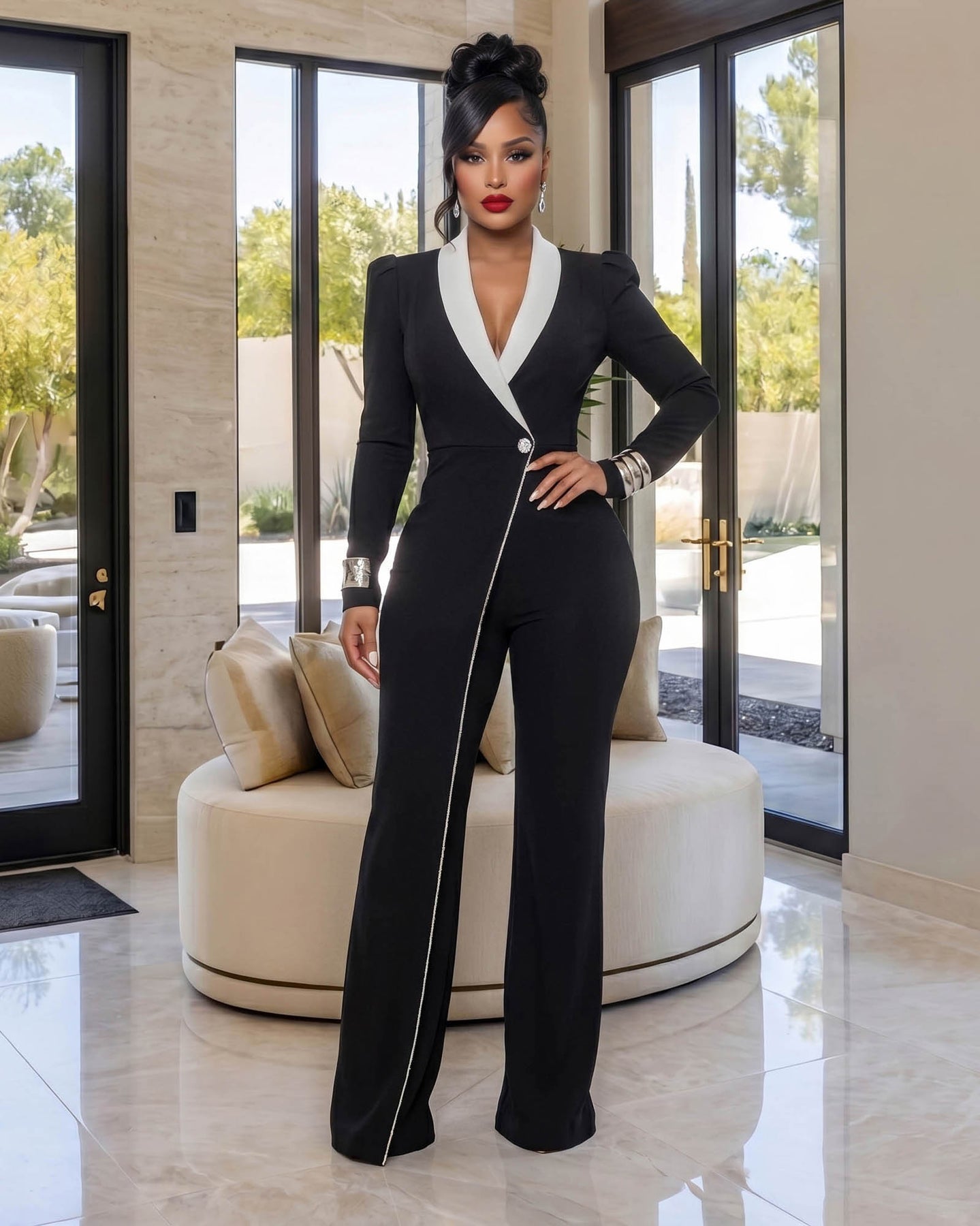 Allara Black White Lapel Tuxedo Jumpsuit