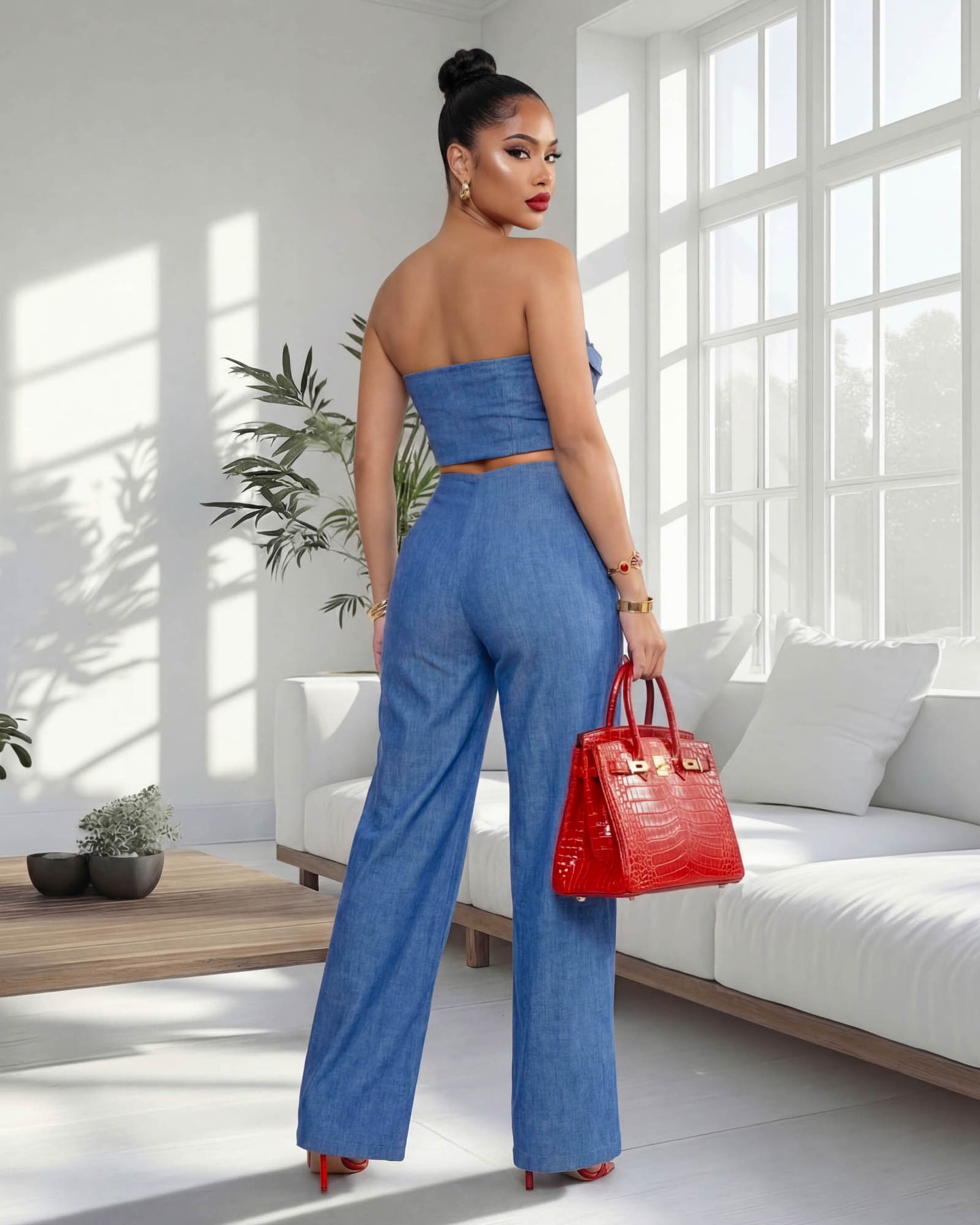 Avendria Blue Appliqué Crop Top & Pants Set