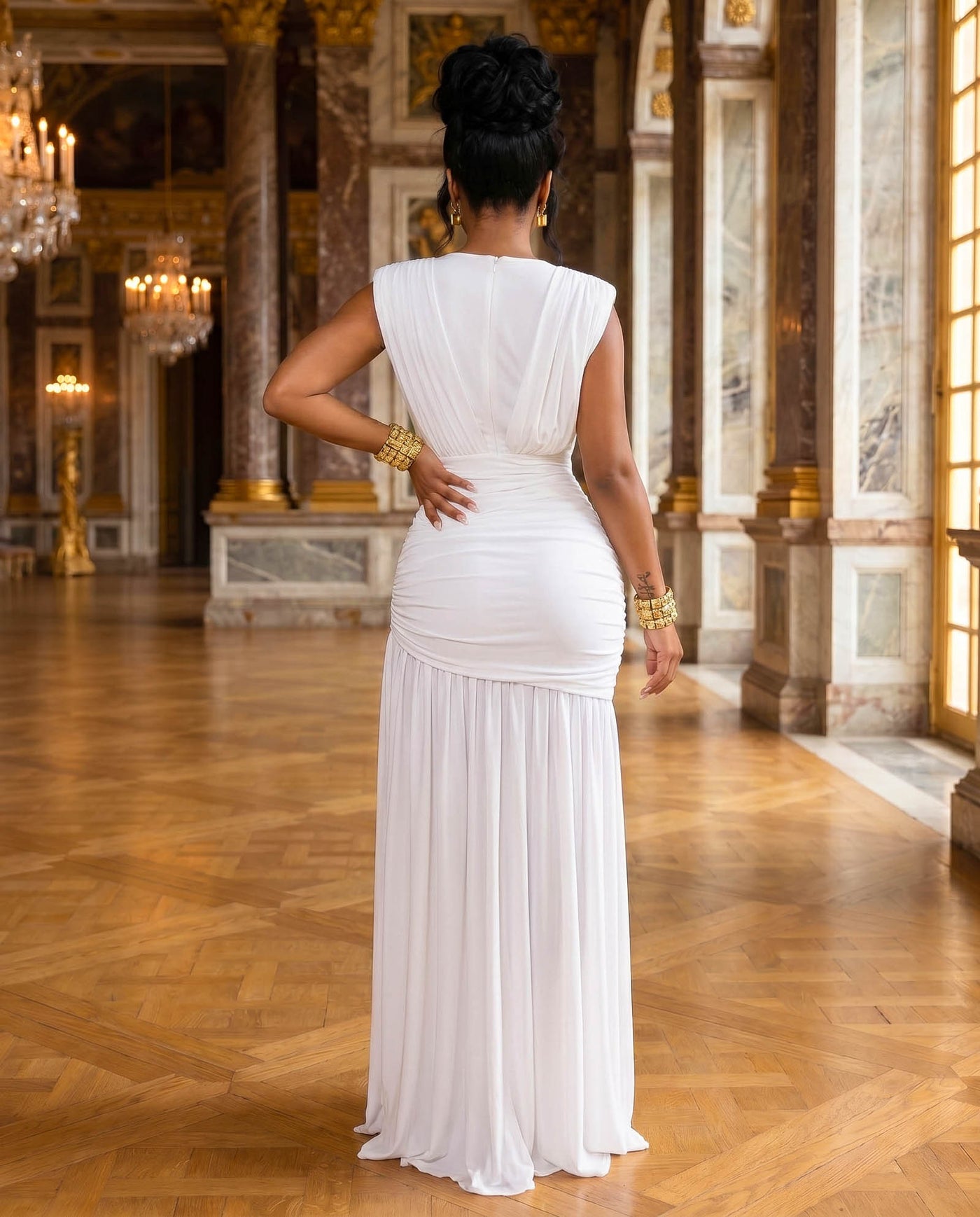 mesh white dress Paxton Ruched Paneled Slit Maxi Size:M (Sizes 6-8) ourpicks White tulle mesh maxi Good Luck Overall (Milk)