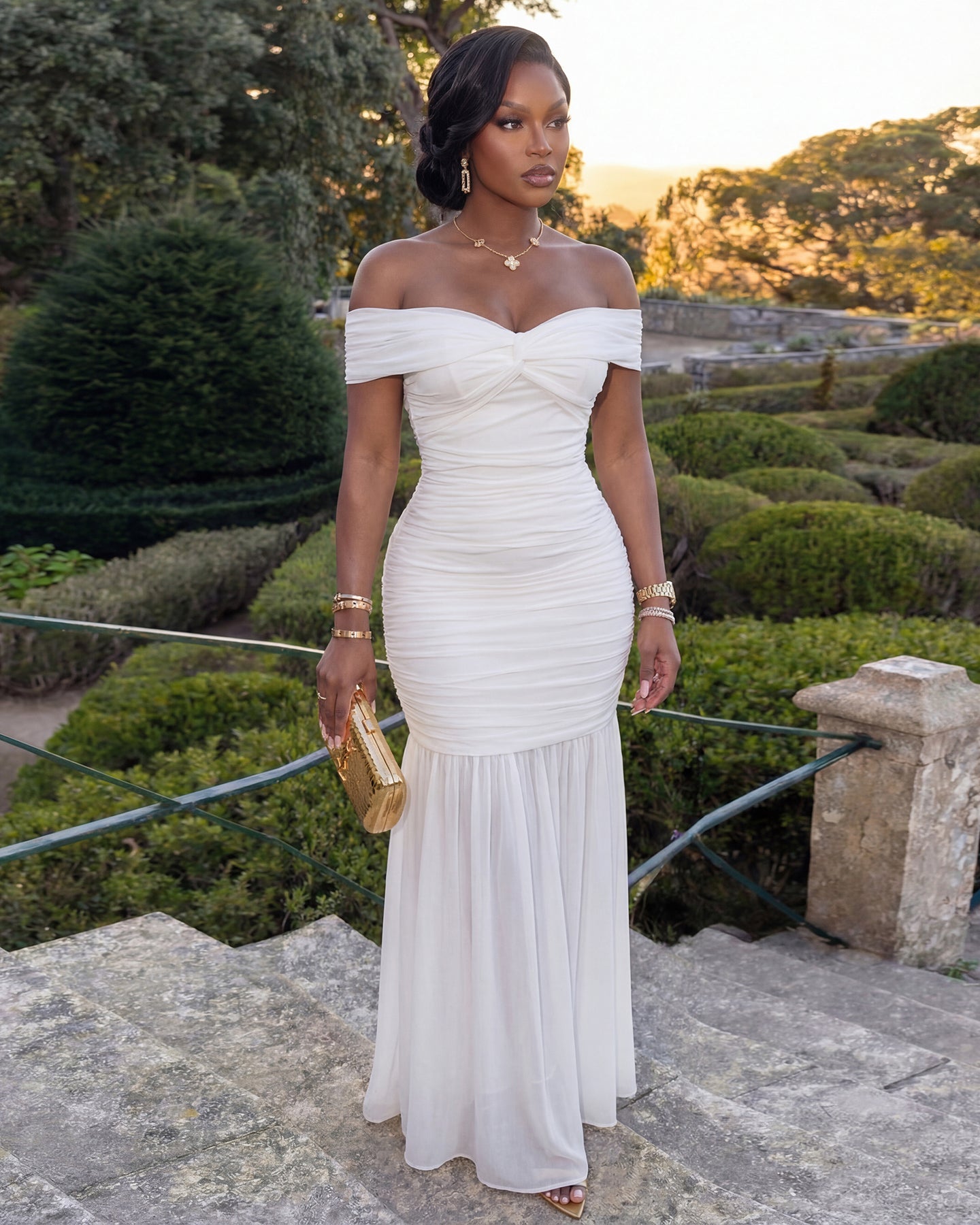 Anastelle White Off-The-Shoulder Mesh Maxi Dress
