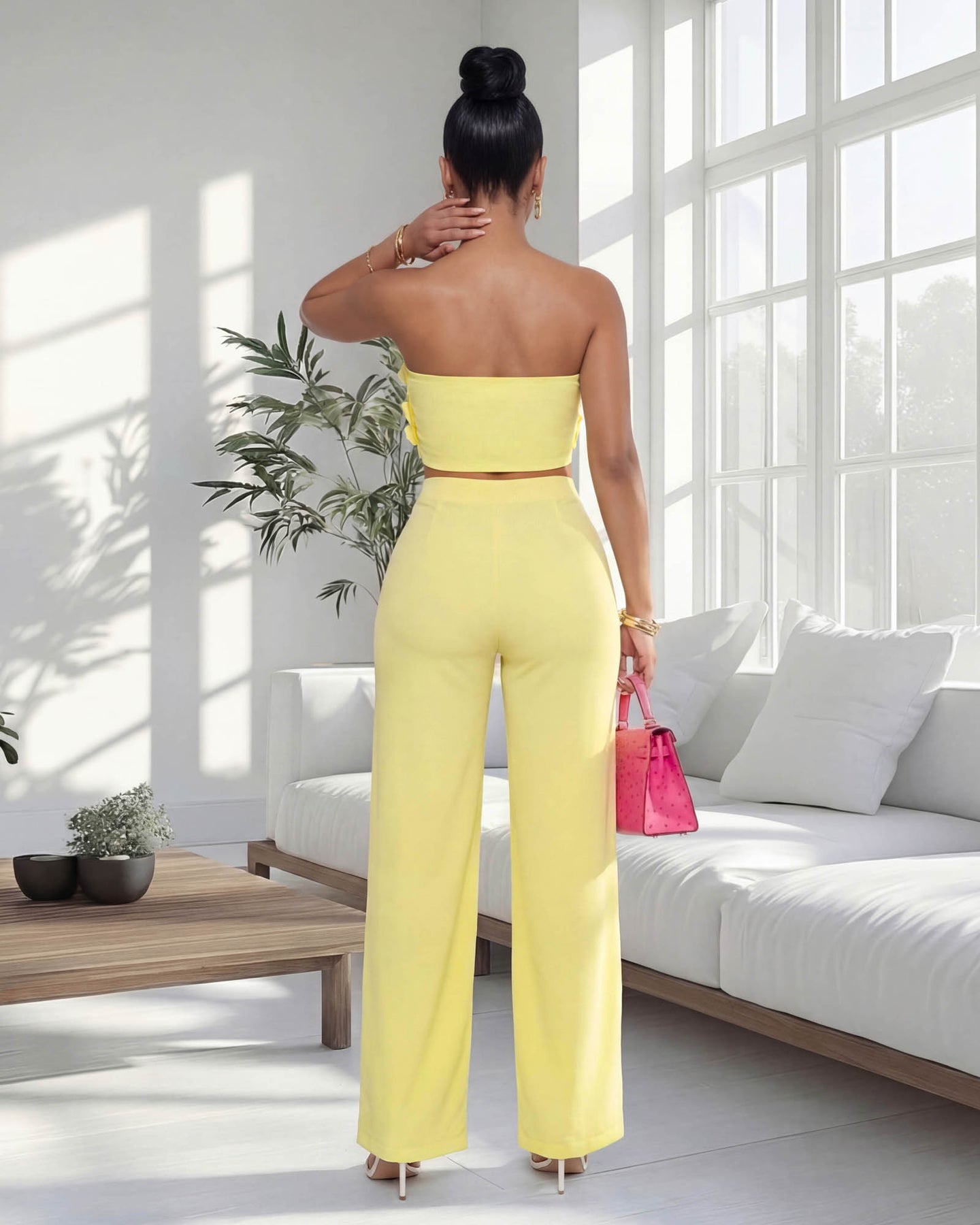 Avendria Yellow Appliqué Crop Top & Pants Set