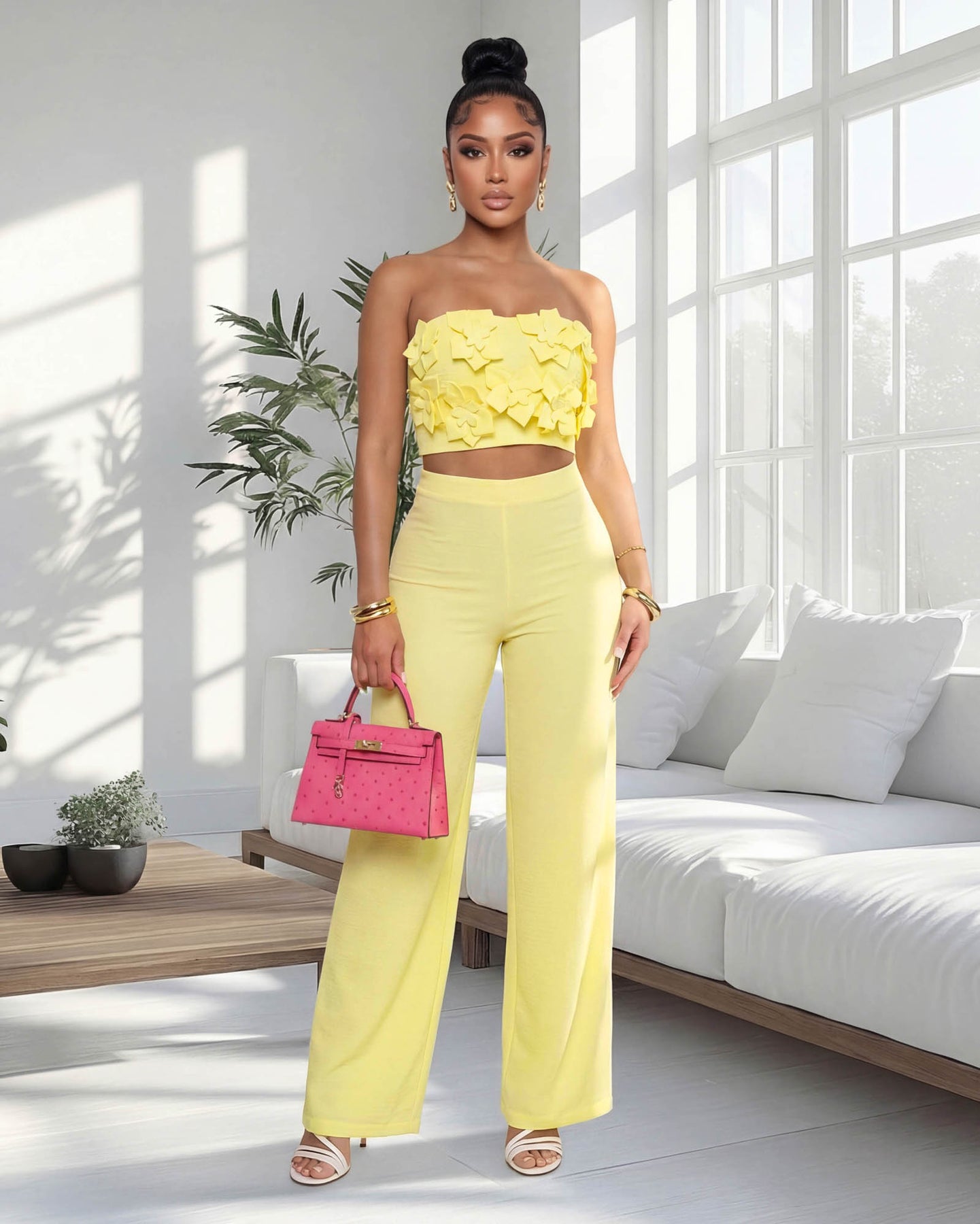 Avendria Yellow Appliqué Crop Top & Pants Set