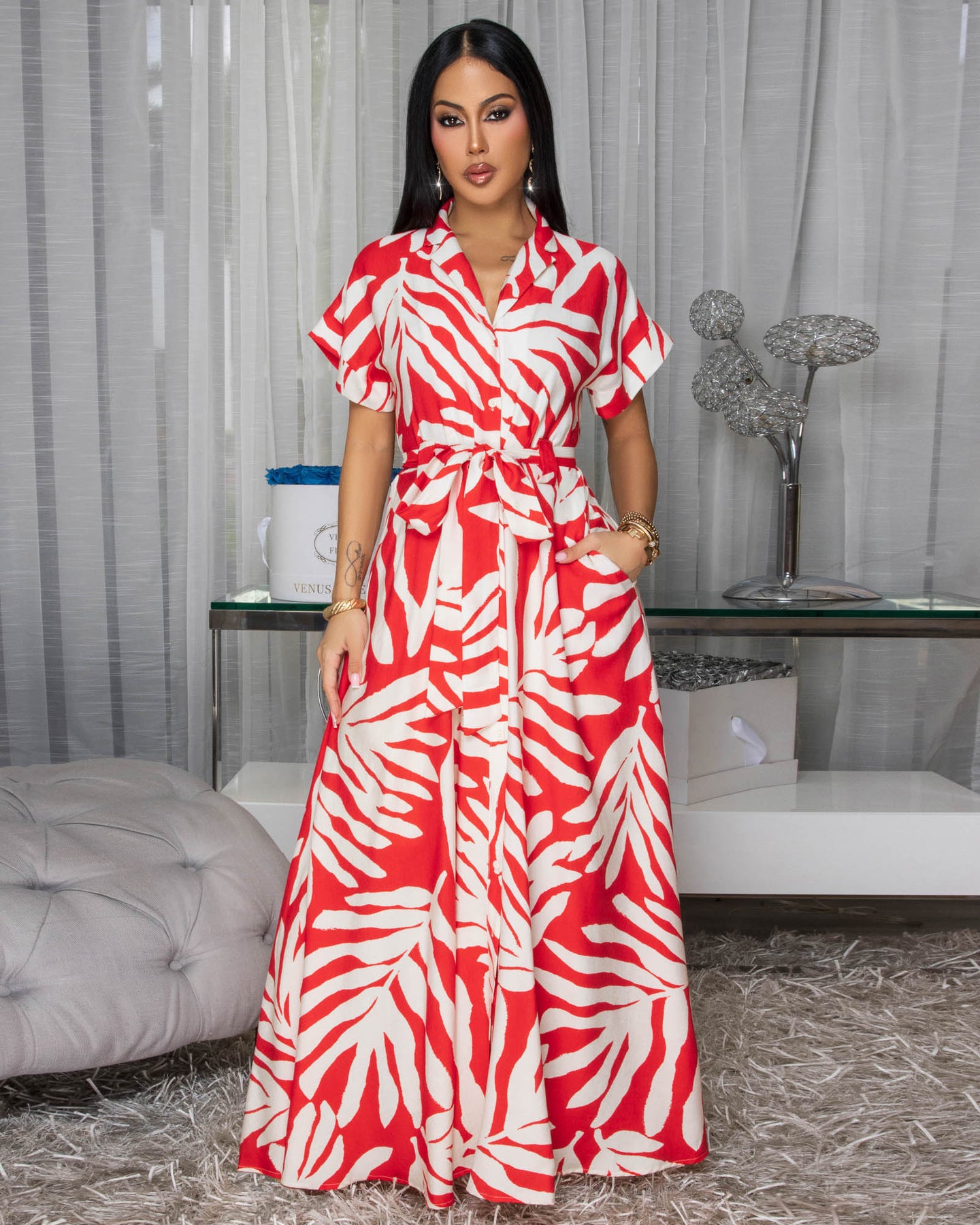 Palmero Off-White Tomato Red Floral Print Maxi Dress
