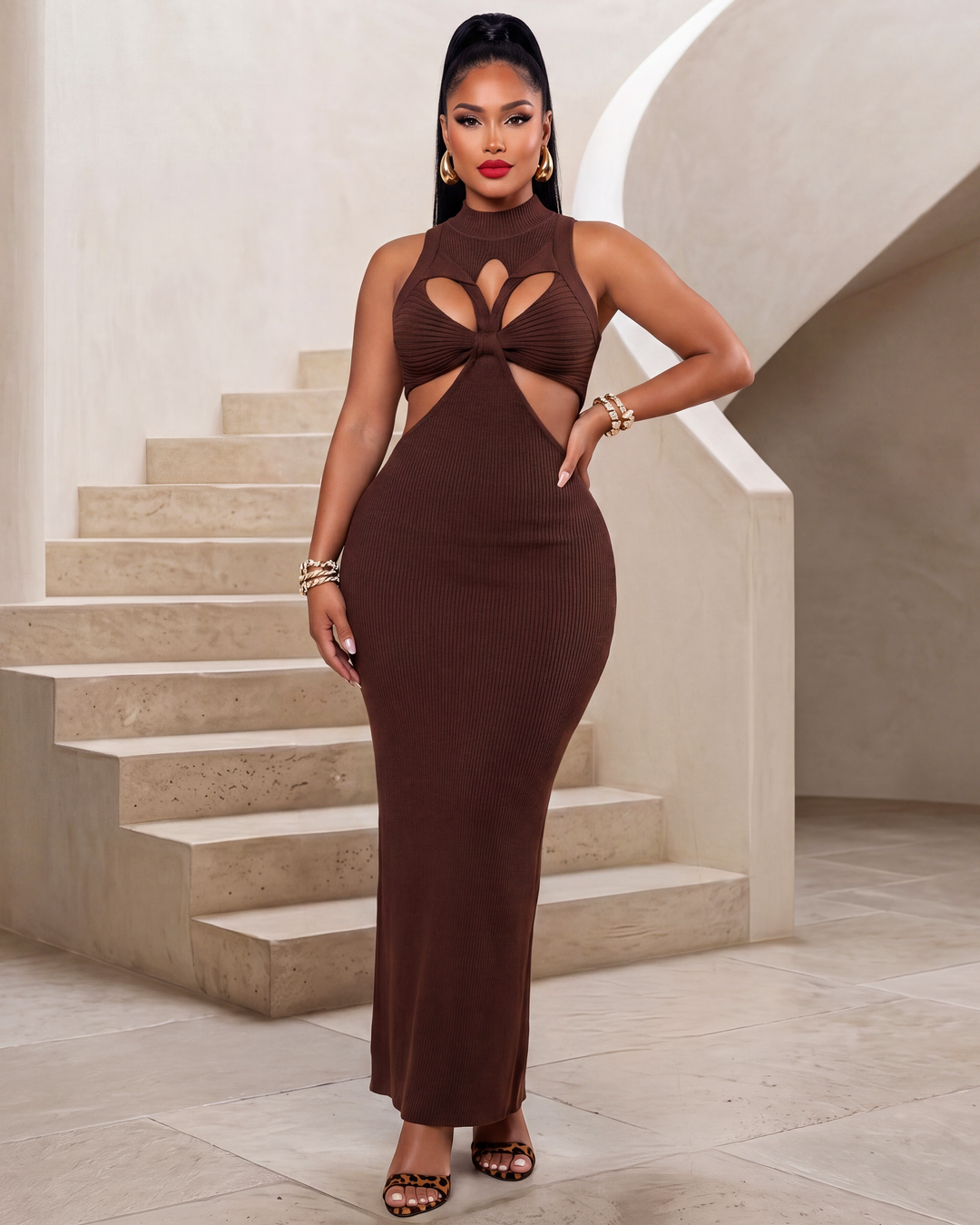 remi knit maxi dress Brown Ribbed Twist Cut-Out – Chic Couture Online Elsi lace