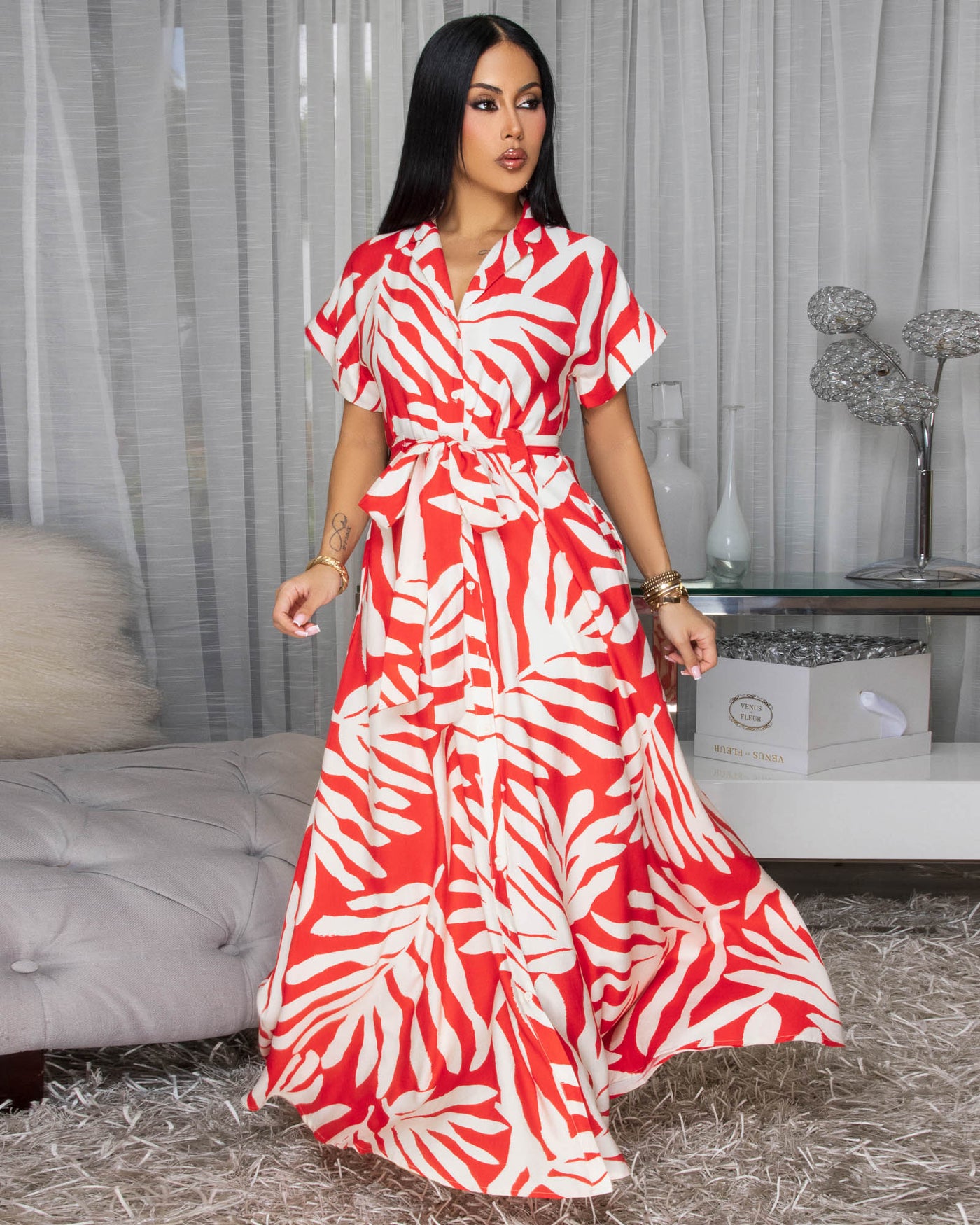 Palmero Off-White Tomato Red Floral Print Maxi Dress