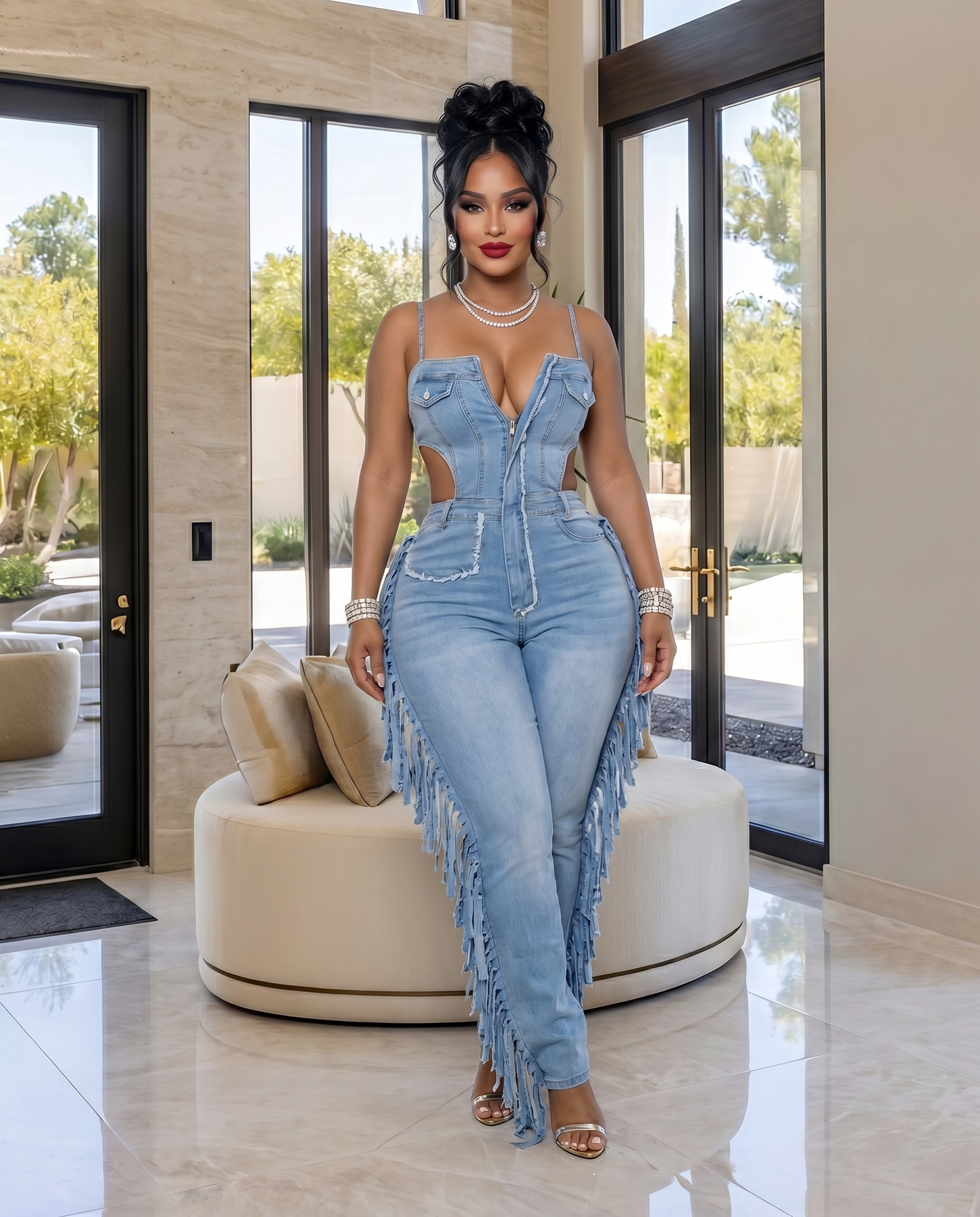 Lamia Blue Denim Cut-Out Fringe Jumpsuit