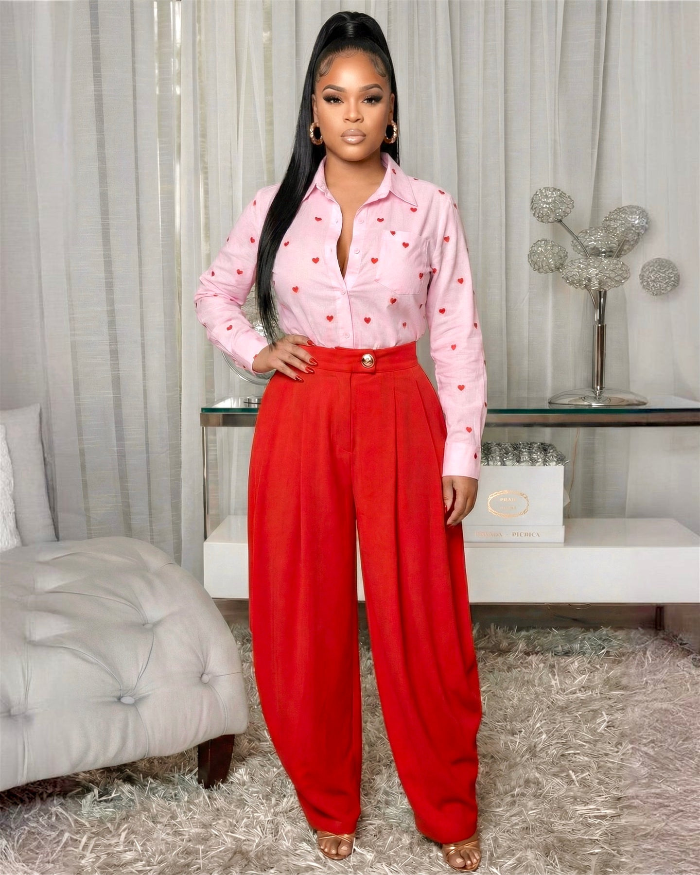 LovelyLight Pink Red Hearts Embroidery Blouse