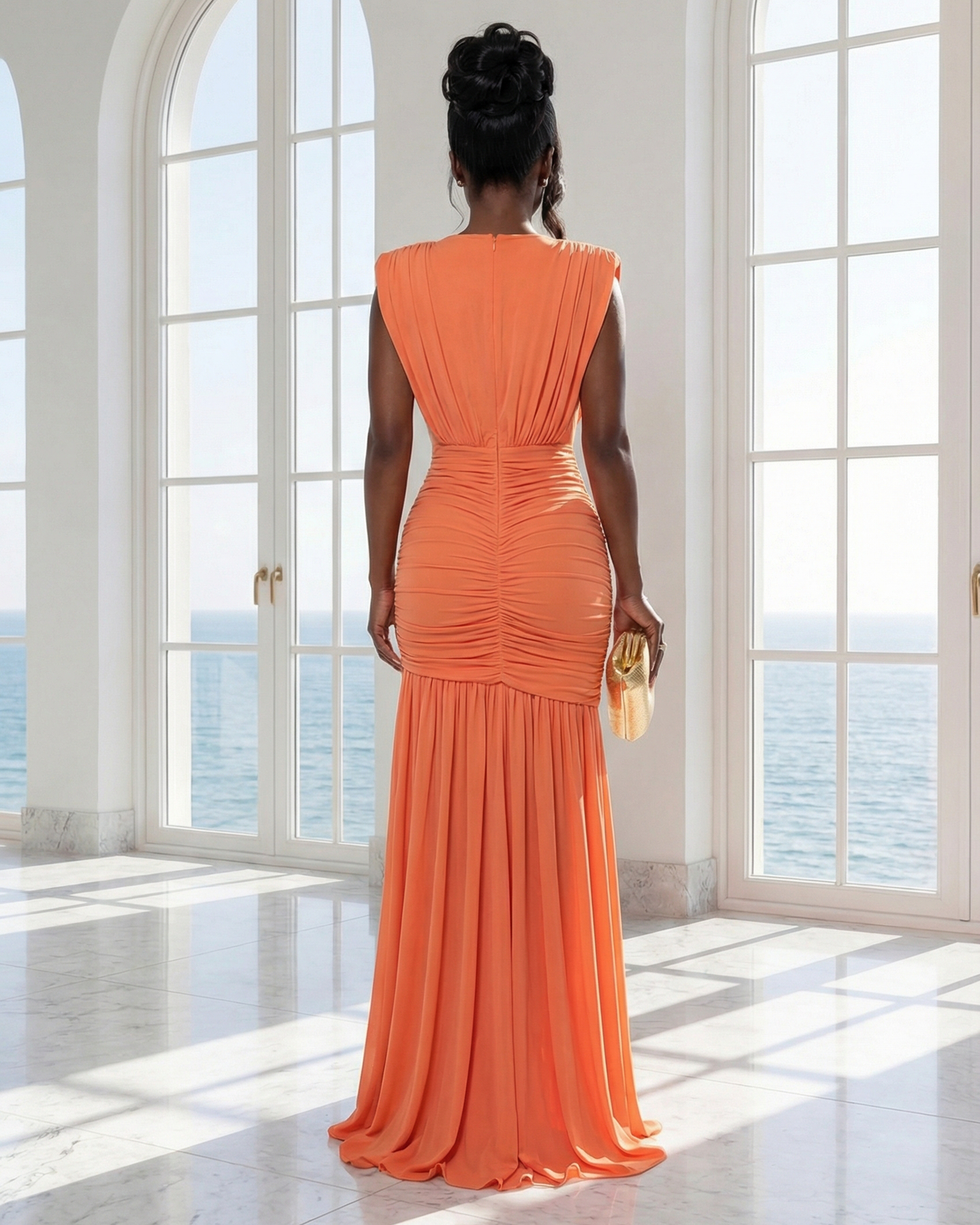 Sahar Orange Plunging V-Neck Mesh Maxi Dress (SHIPS 3/11)