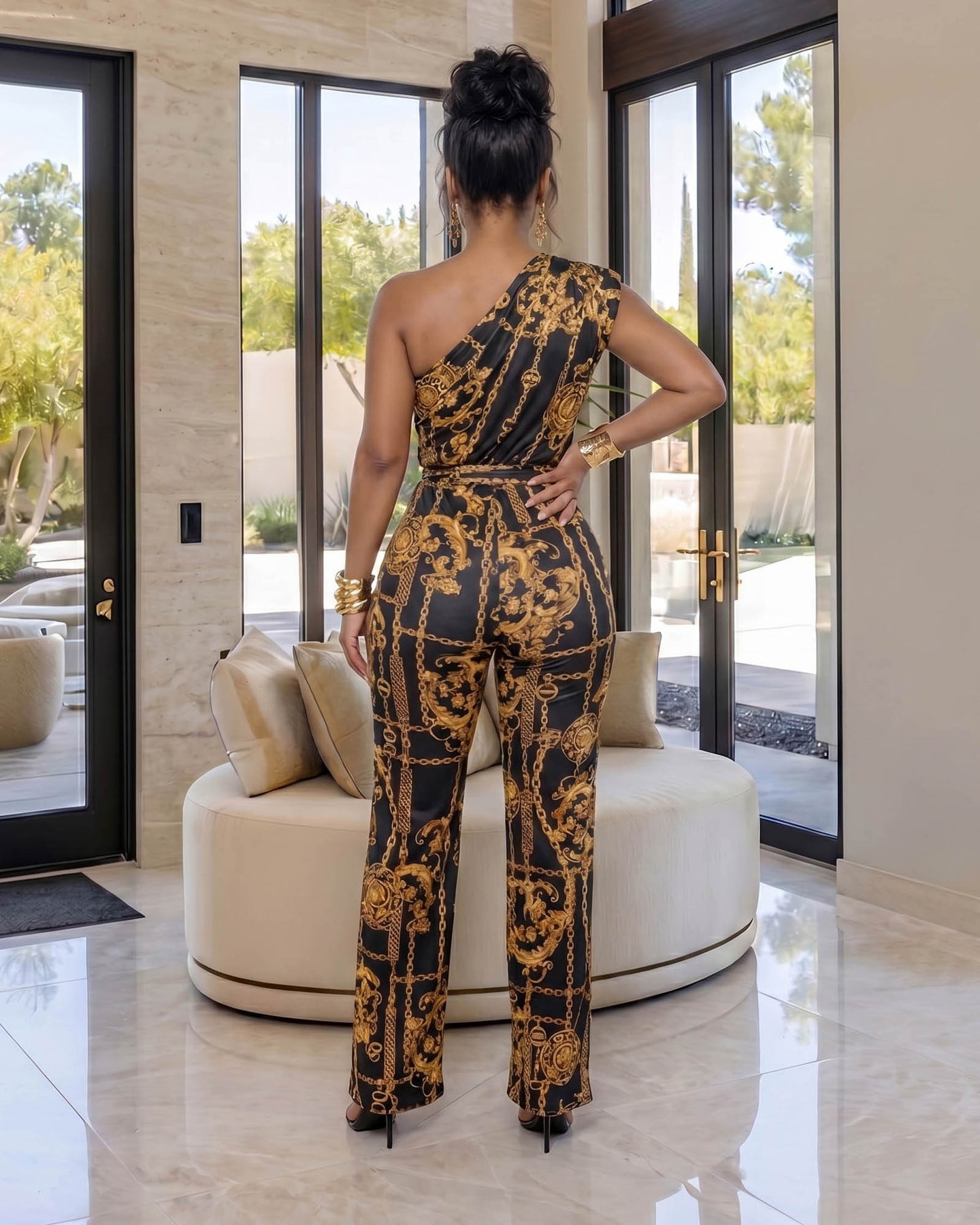 Monique Black Yellow Gold Print Single Shoulder Jumpsuit