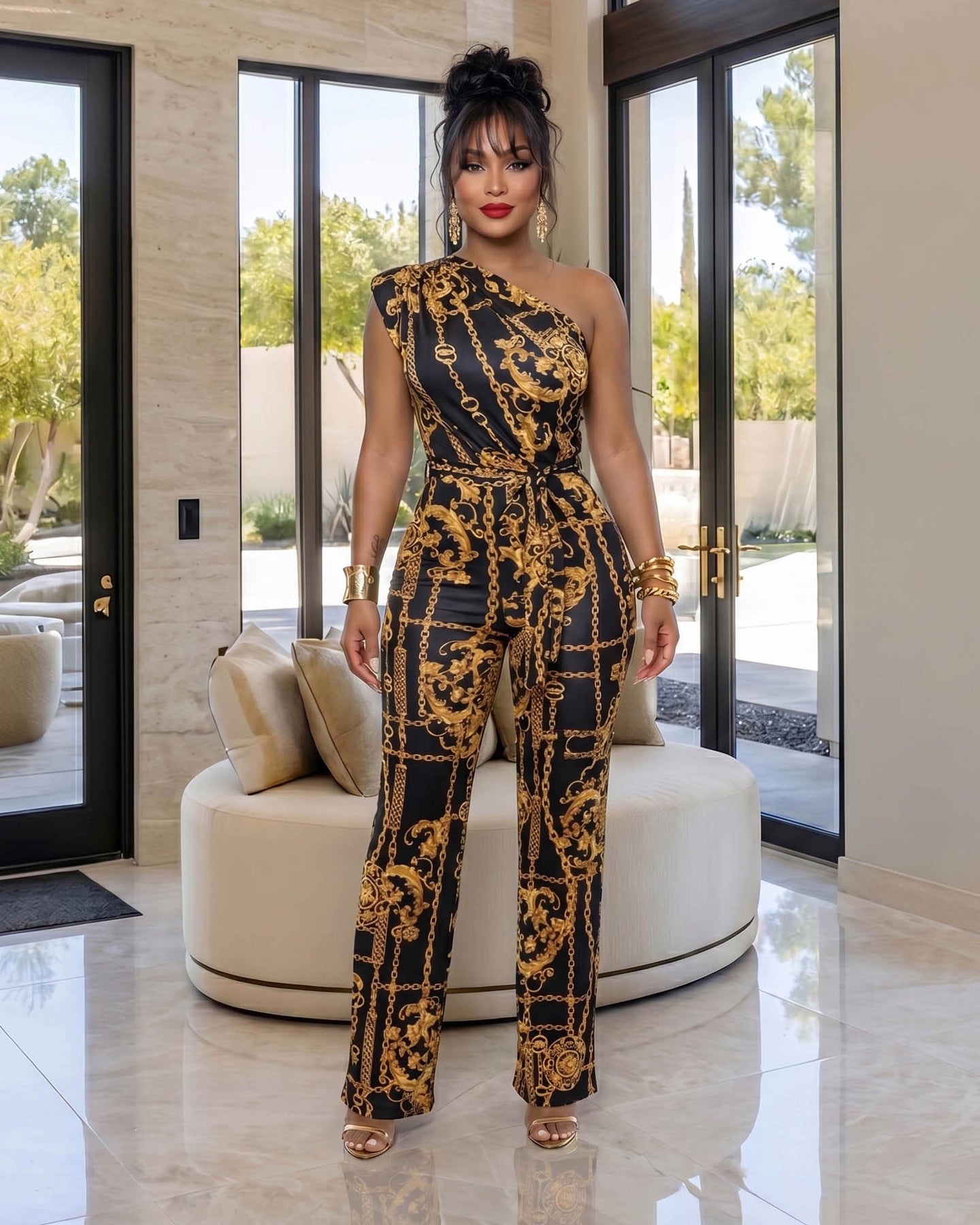 Monique Black Yellow Gold Print Single Shoulder Jumpsuit