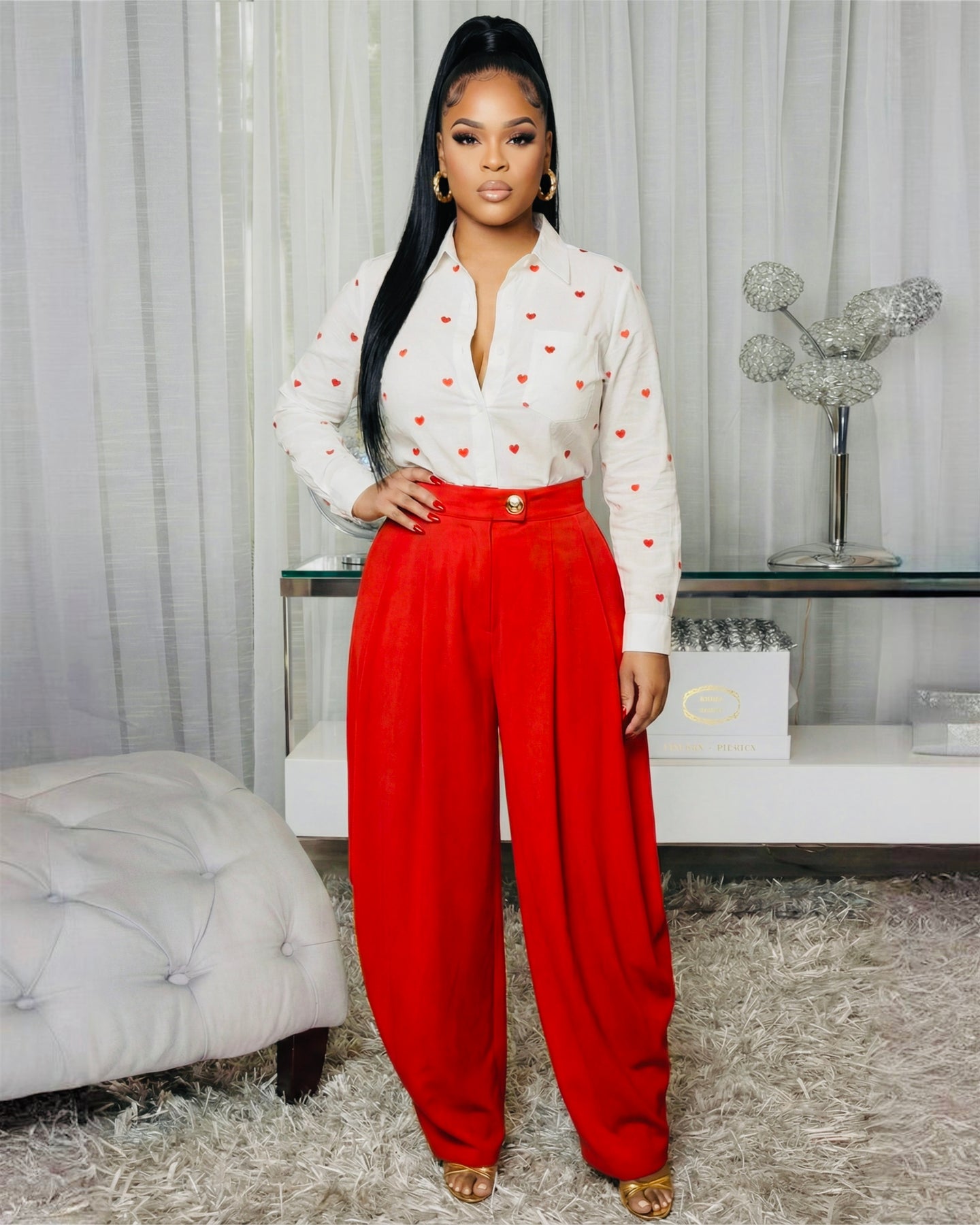 Lovely Off-White Red Hearts Embroidery Blouse