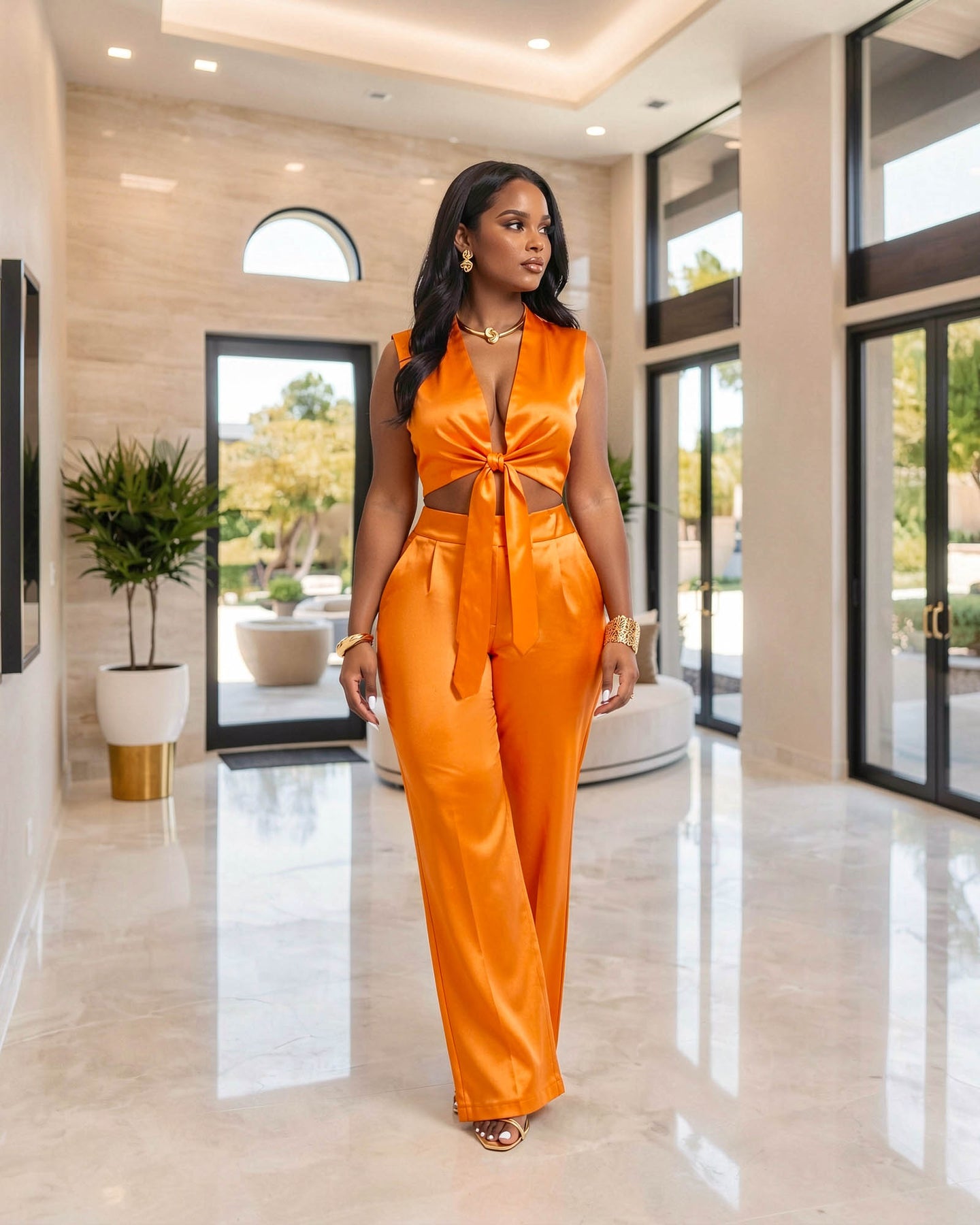 Karri Orange Silky Crop Top & Pants Set