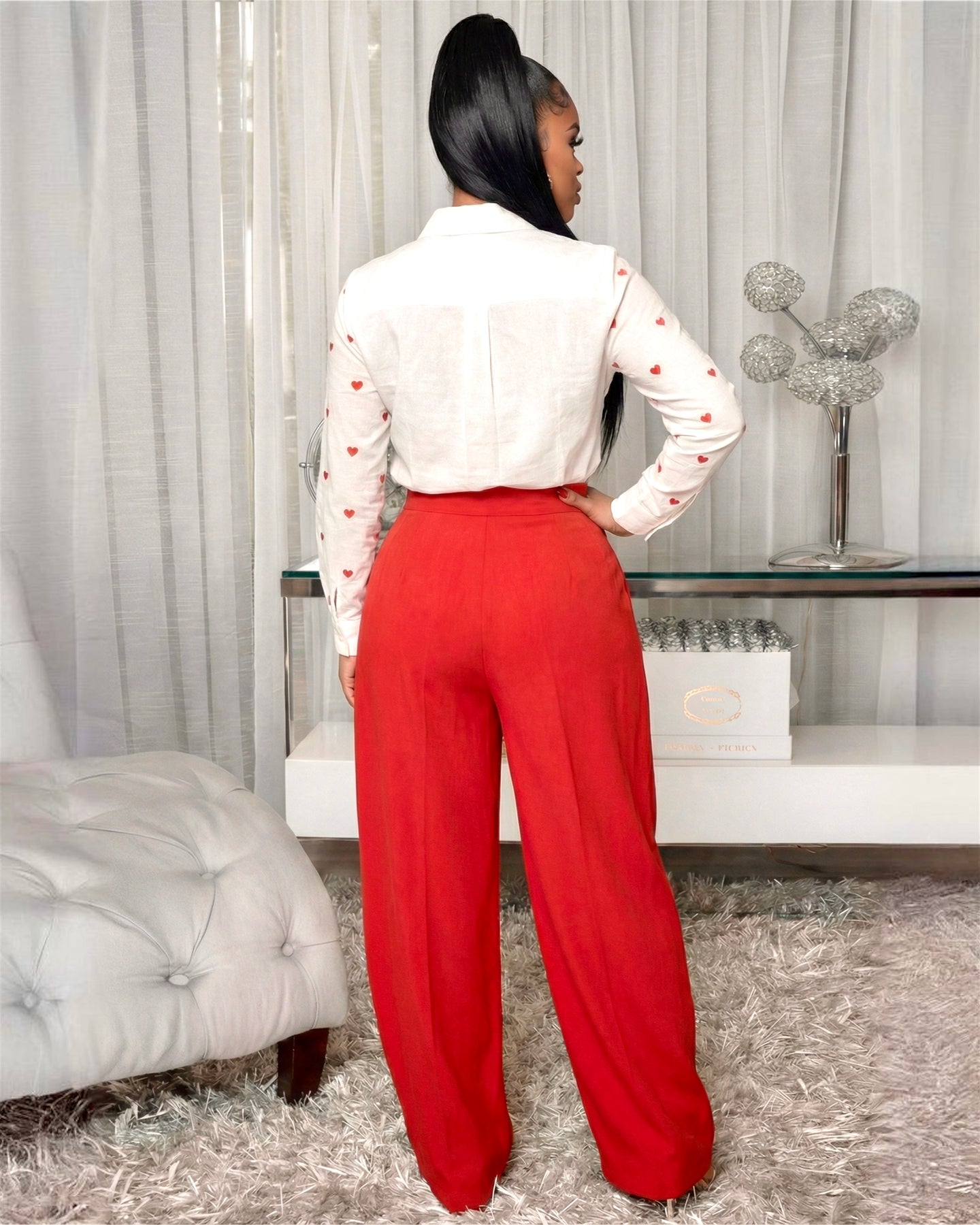 Lovely Off-White Red Hearts Embroidery Blouse