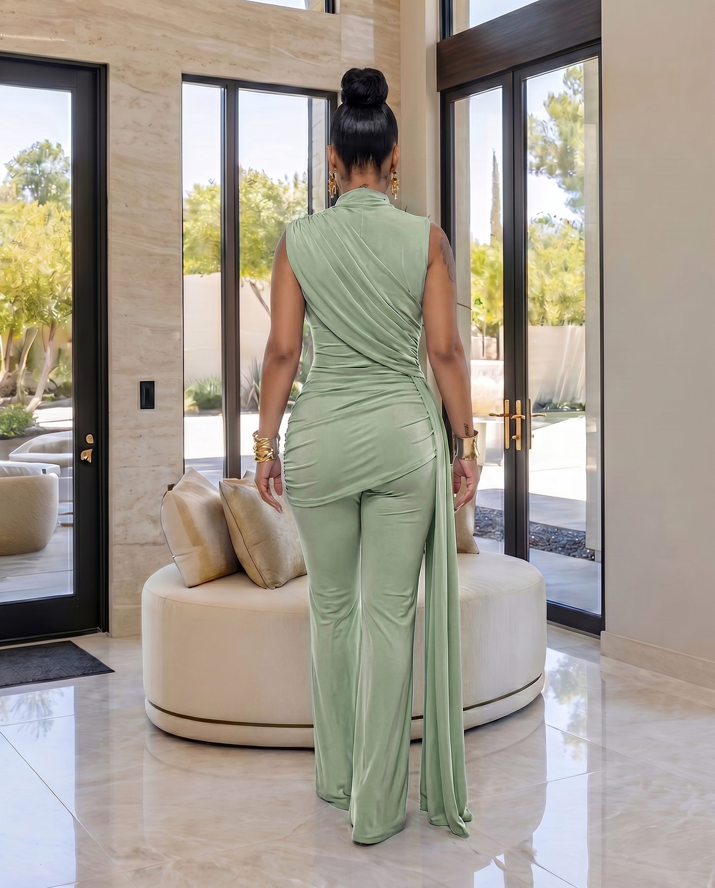 Alissa Sage Green Ruched Pants Set