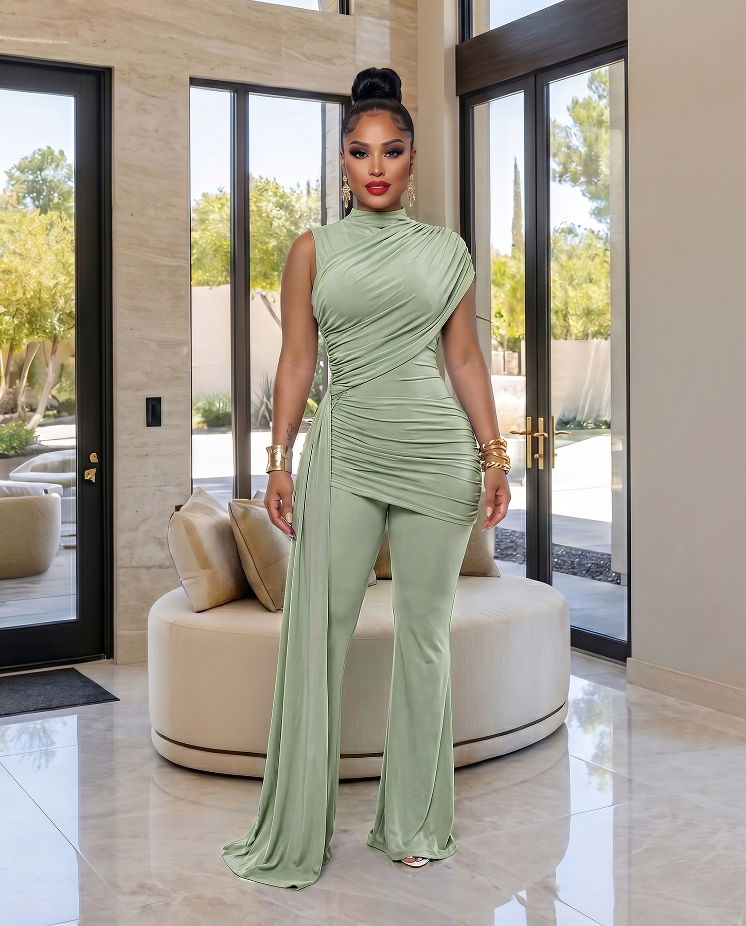 Alissa Sage Green Ruched Pants Set