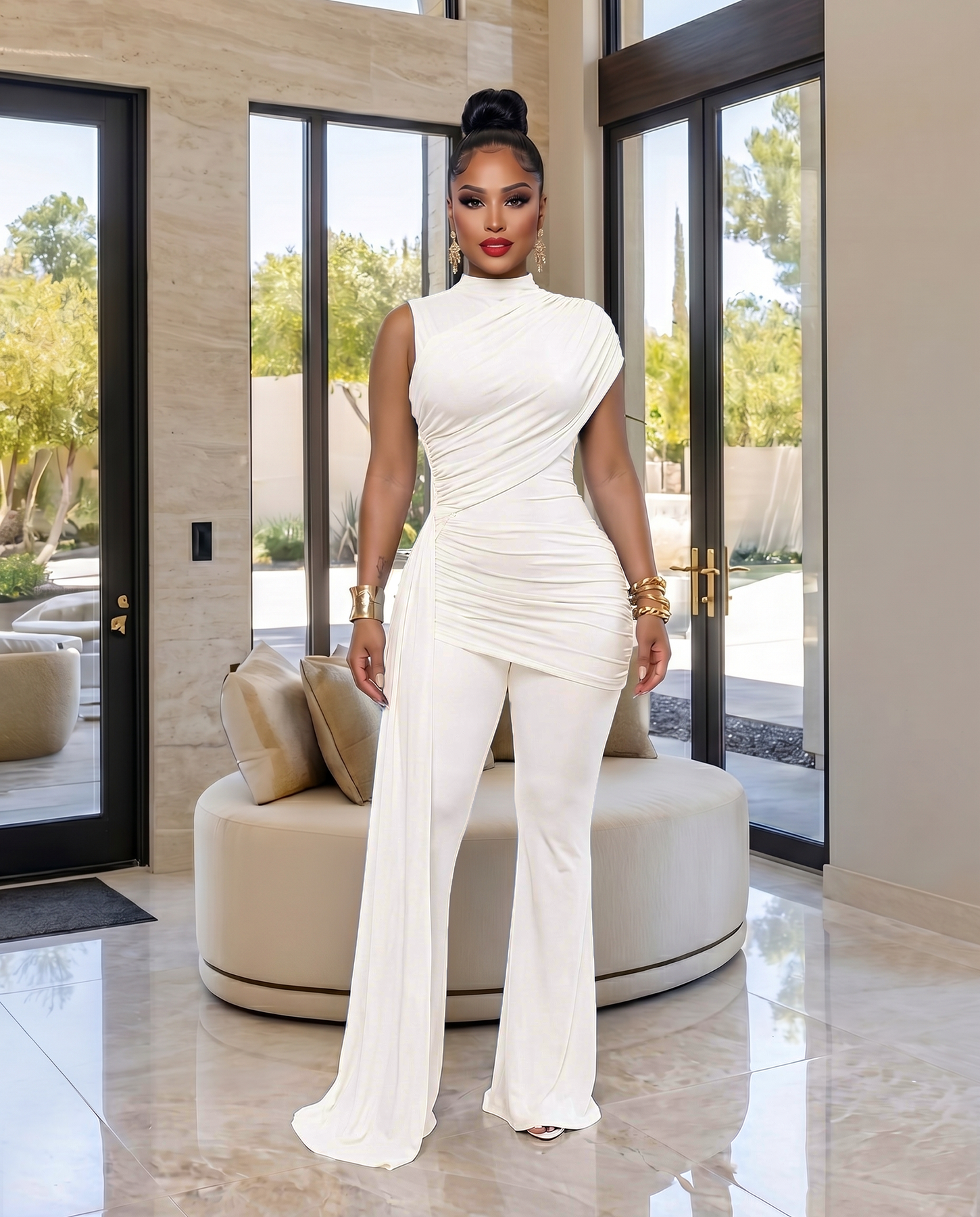 Alissa Off-White Ruched Pants Set