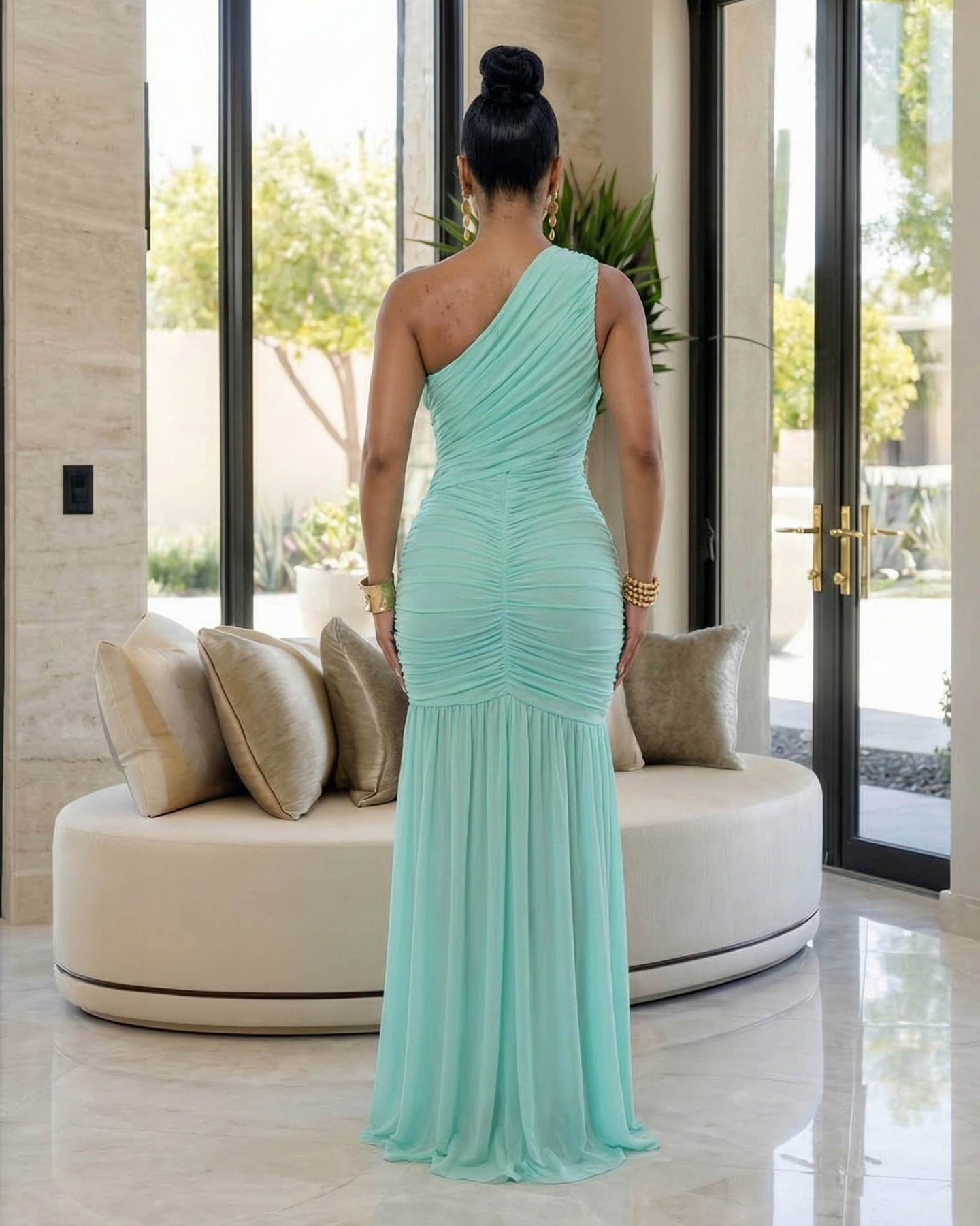 Fabienne Mint Green Single Shoulder Mesh Maxi Dress