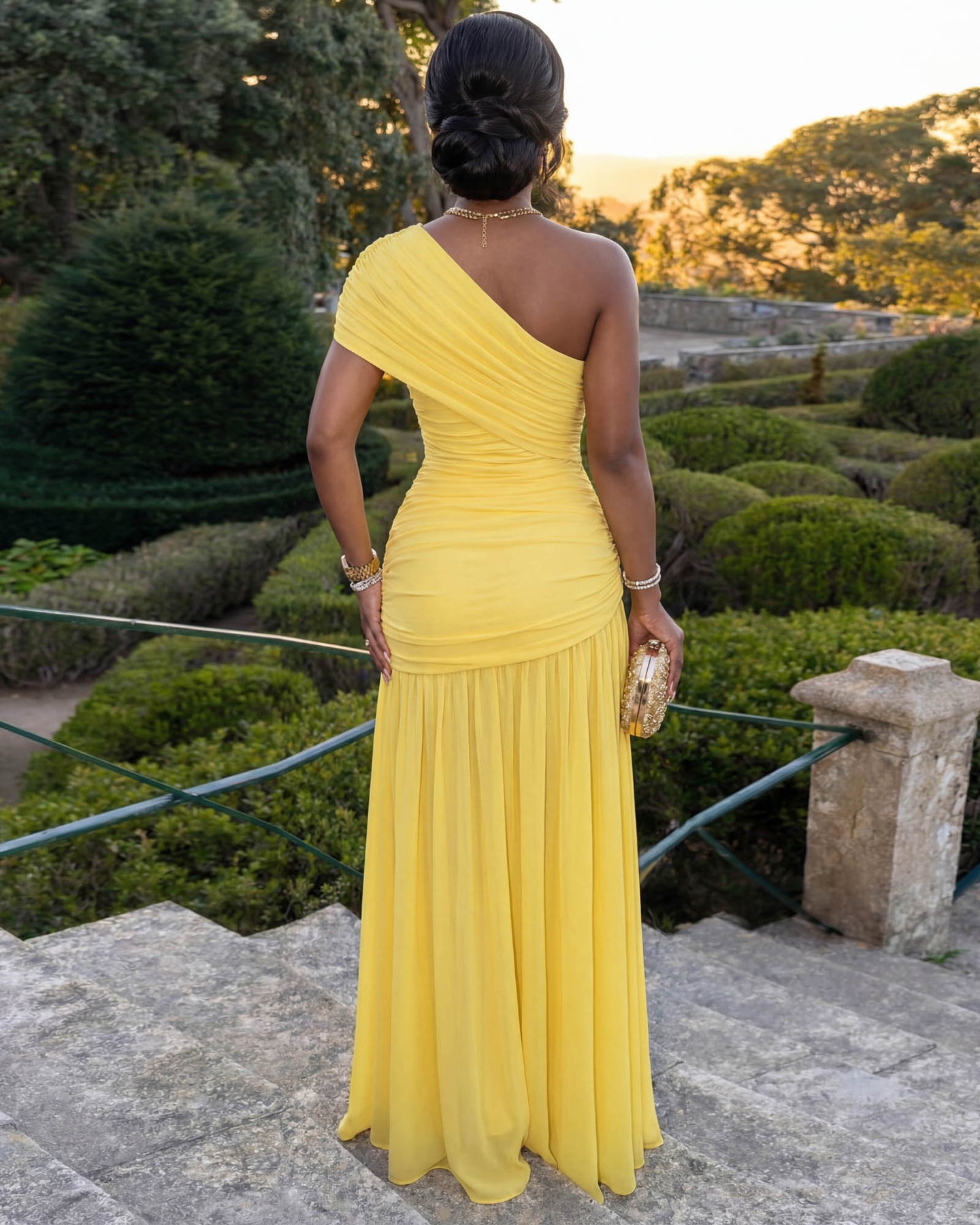Ferrera Yellow Single Shoulder Mesh Slit Maxi Dress