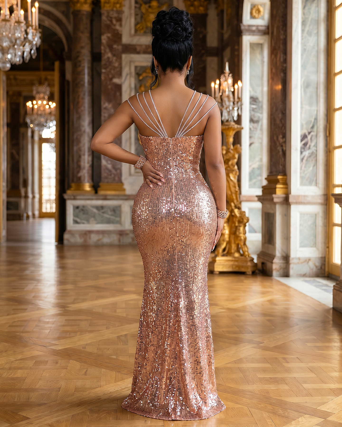 Fame Rose Gold Sequins Maxi Dress