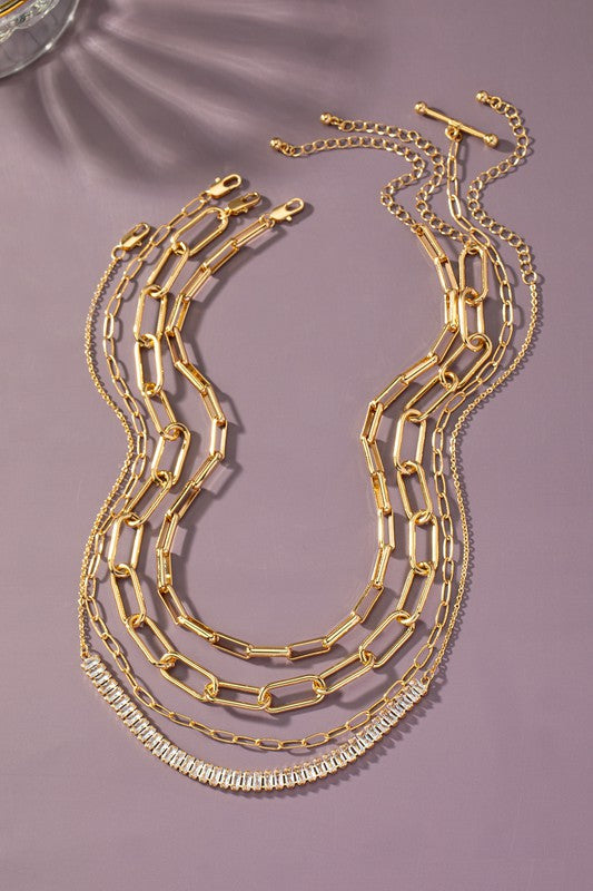 Britney Gold Necklaces Set with Mixed Chains and Rhinestones