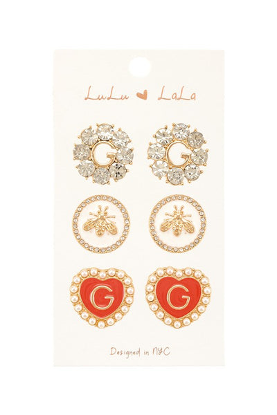 Toni Bee and Heart with Letter G Stud Earrings Set