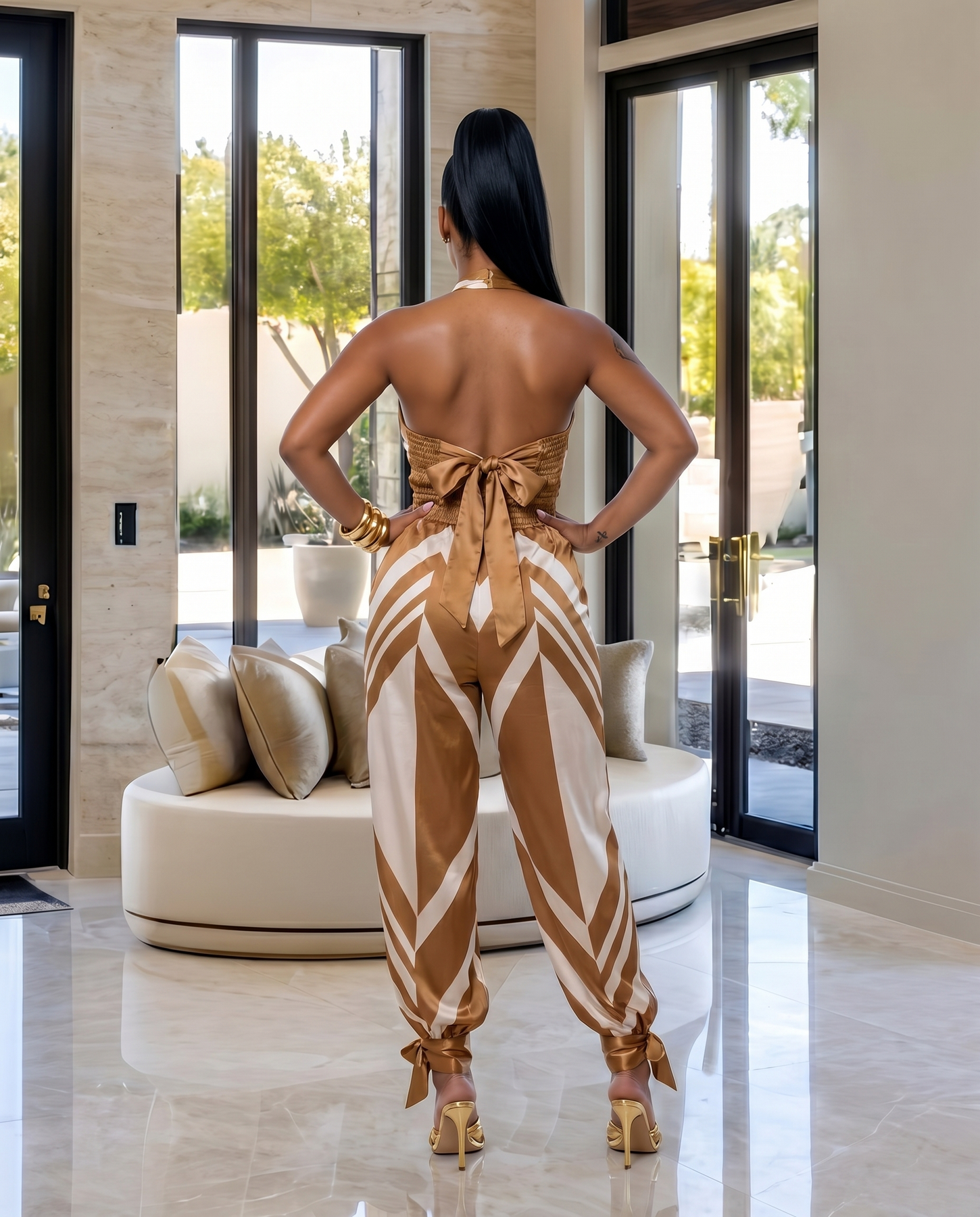 Jaelle Walnut Cream Satin Print Pants Set