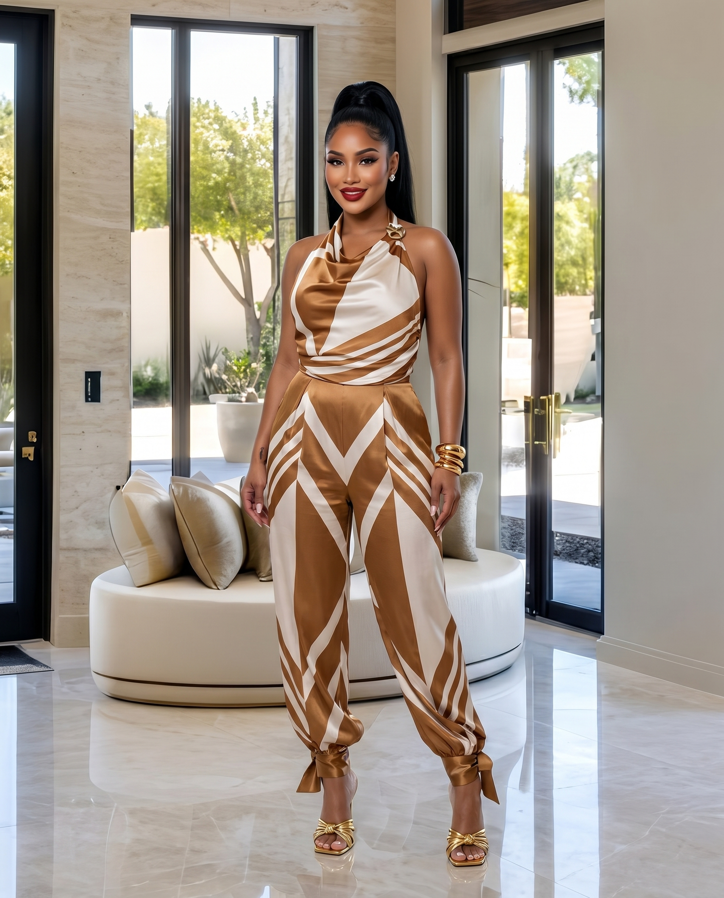 Jaelle Walnut Cream Satin Print Pants Set