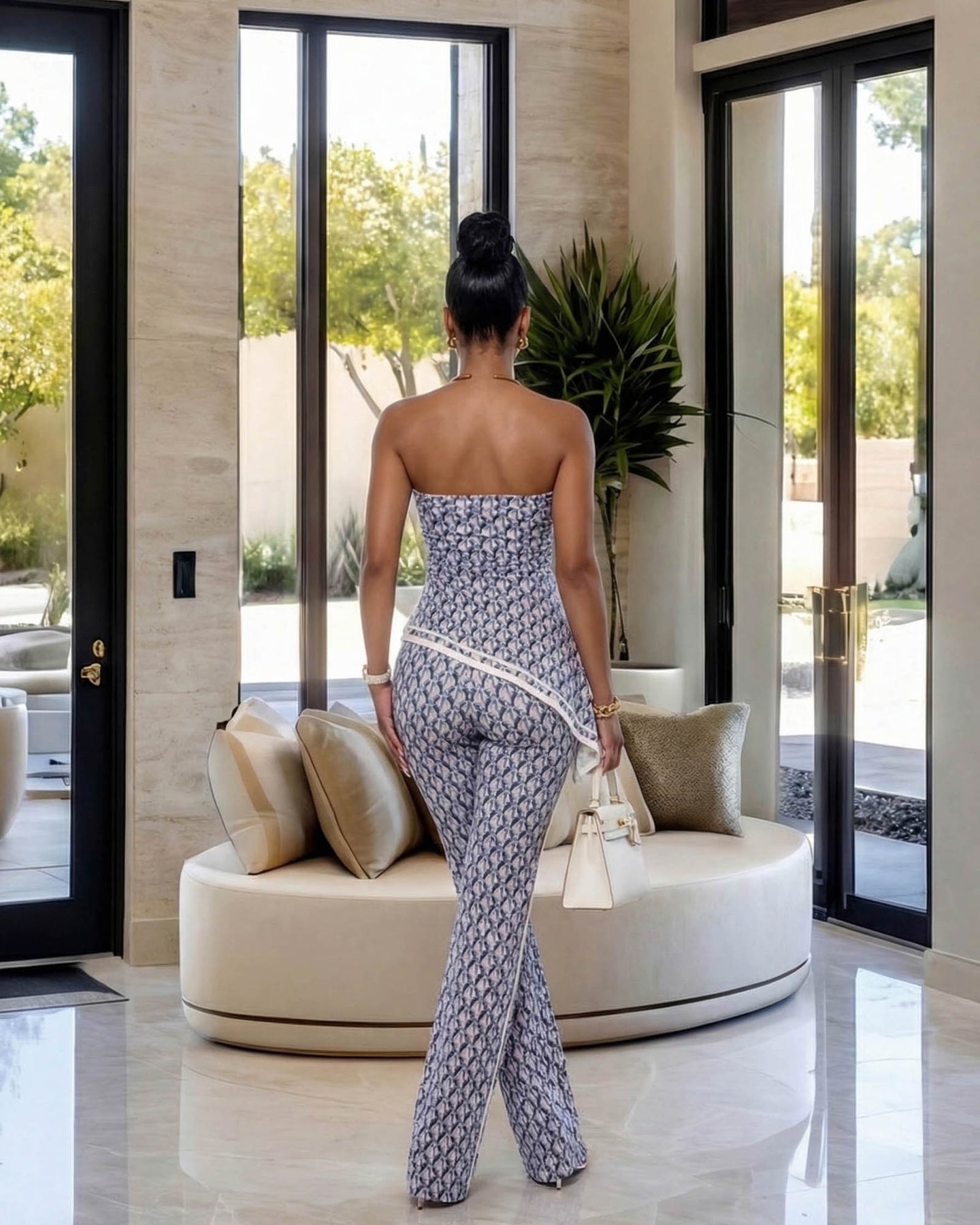 Tahlia Blue Grey Print Strapless Jumpsuit