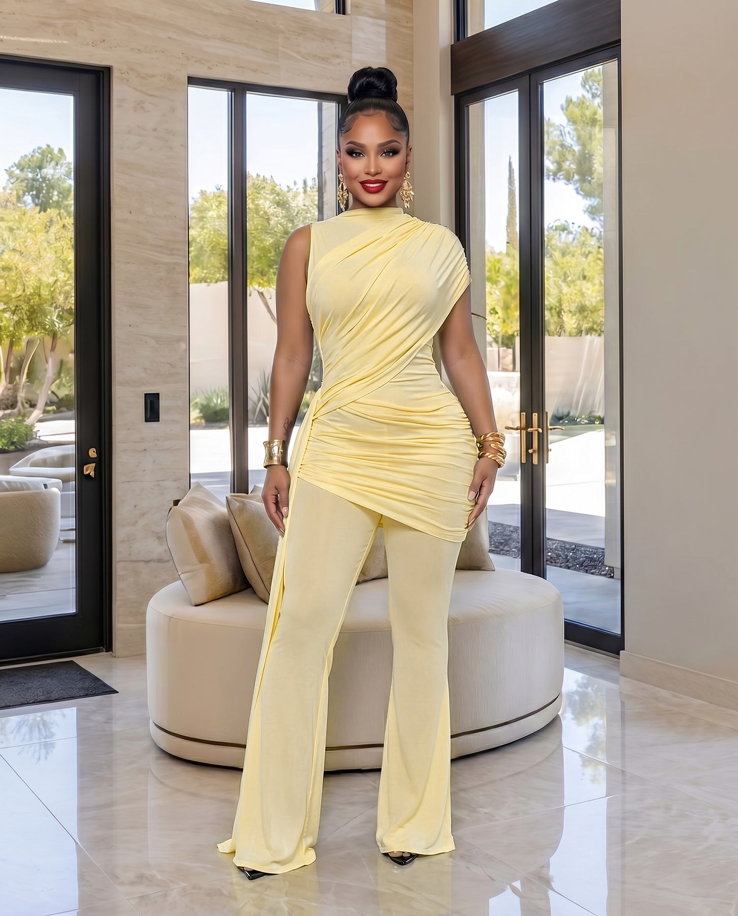 Alissa Light Yellow Ruched Pants Set