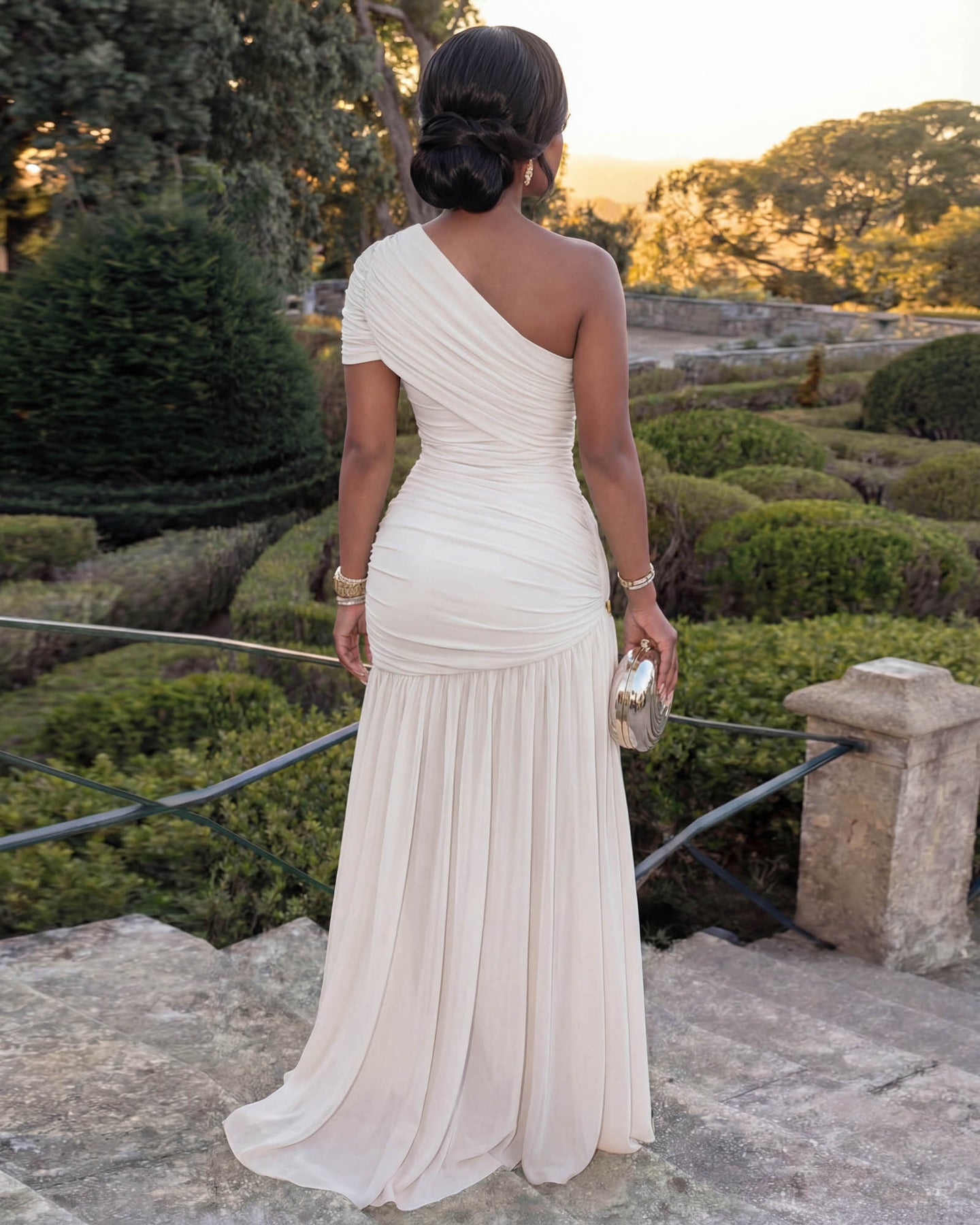 Ferrera White Single Shoulder Mesh Slit Maxi Dress