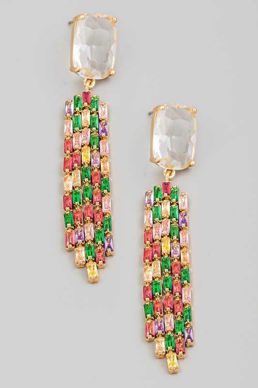 Khloe Multi Color Rhinestone Baguette Stud And Fringe Dangle Earrings