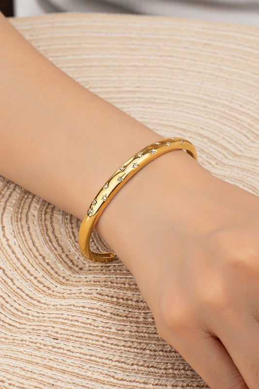 Phara Stainless Engraved Star Rhinestone Cuff Bracelet