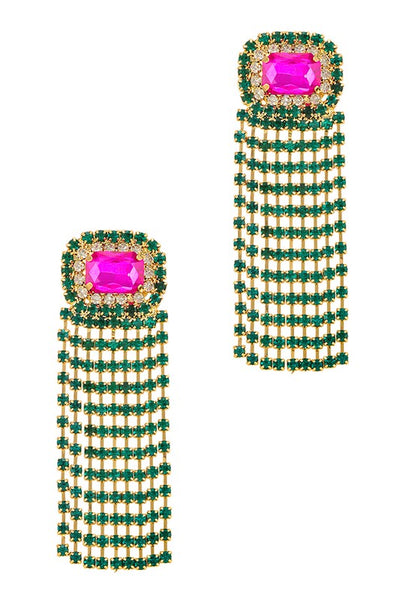 Fefe Emerald & Fuchsia Rectangle Crystal and Dangle Fringe Earrings
