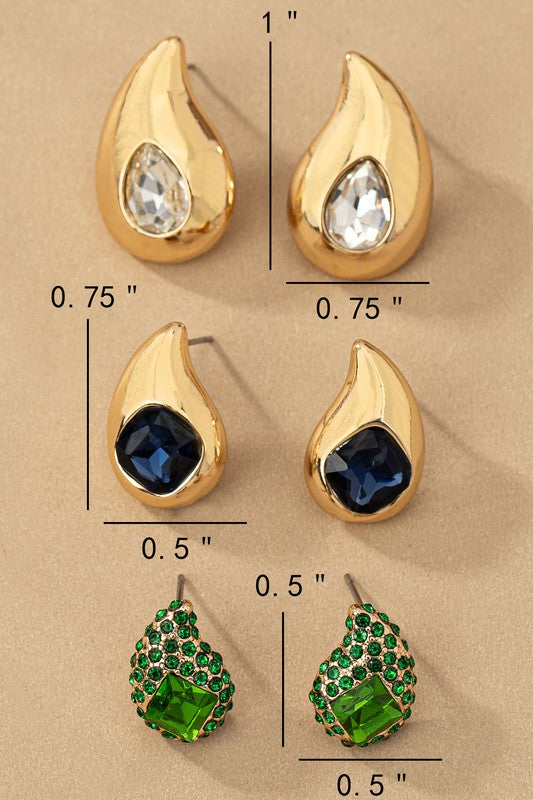 Cara Trio Teardrop Earrings Set with Rhinestones