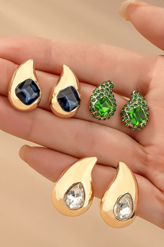 Cara Trio Teardrop Earrings Set with Rhinestones