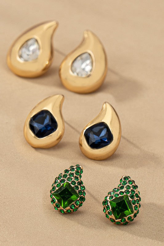 Cara Trio Teardrop Earrings Set with Rhinestones