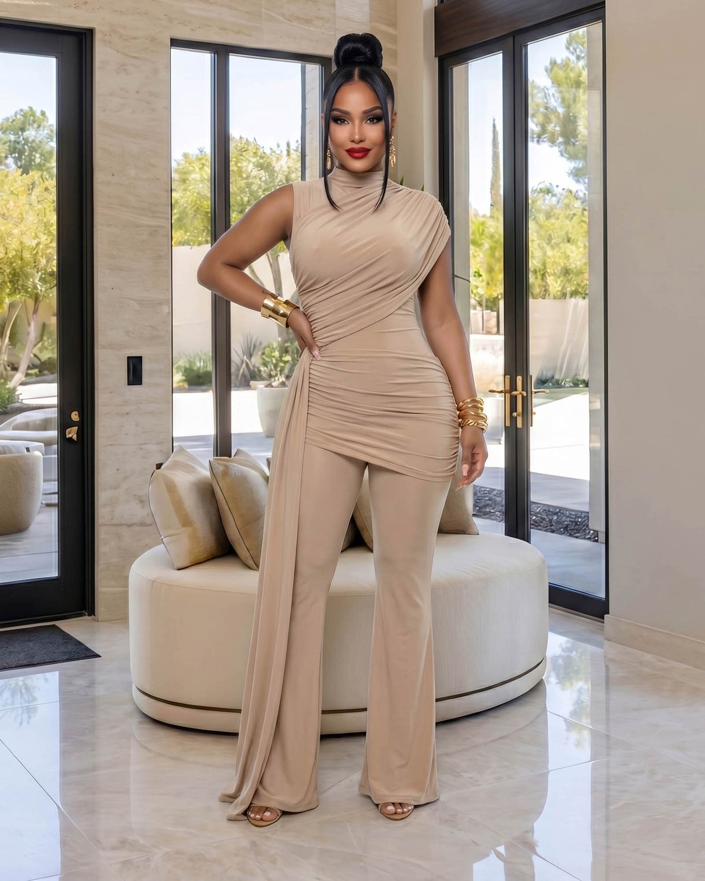 Alissa Nude Ruched Pants Set – Chic Couture Online