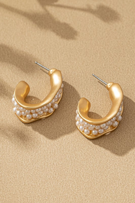 Kamala Hammered C hoop with pave pearls