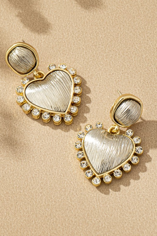 Samara 2 Tone Brushed Heart Earrings with Rhinestones