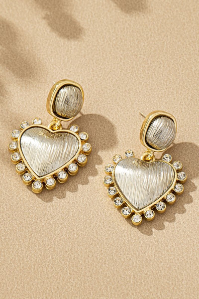 Samara 2 Tone Brushed Heart Earrings with Rhinestones