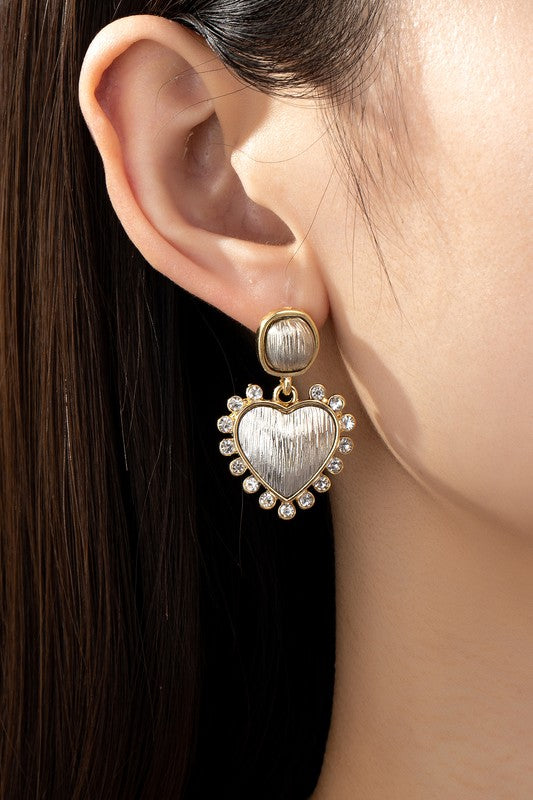 Samara 2 Tone Brushed Heart Earrings with Rhinestones