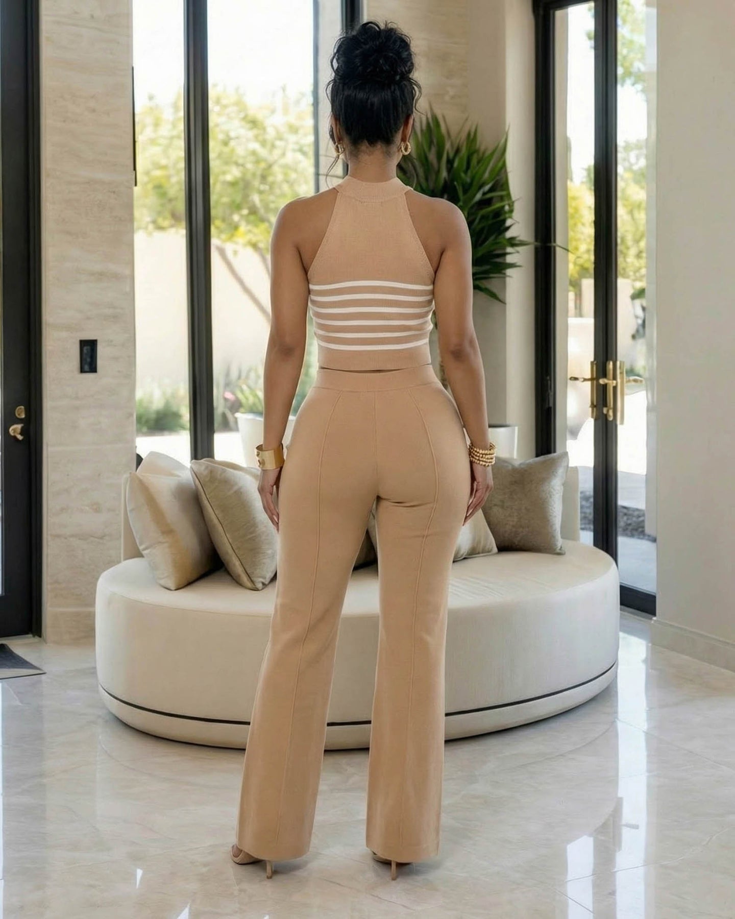 Sabine Nude White Stripes Knit Top & Pants Set