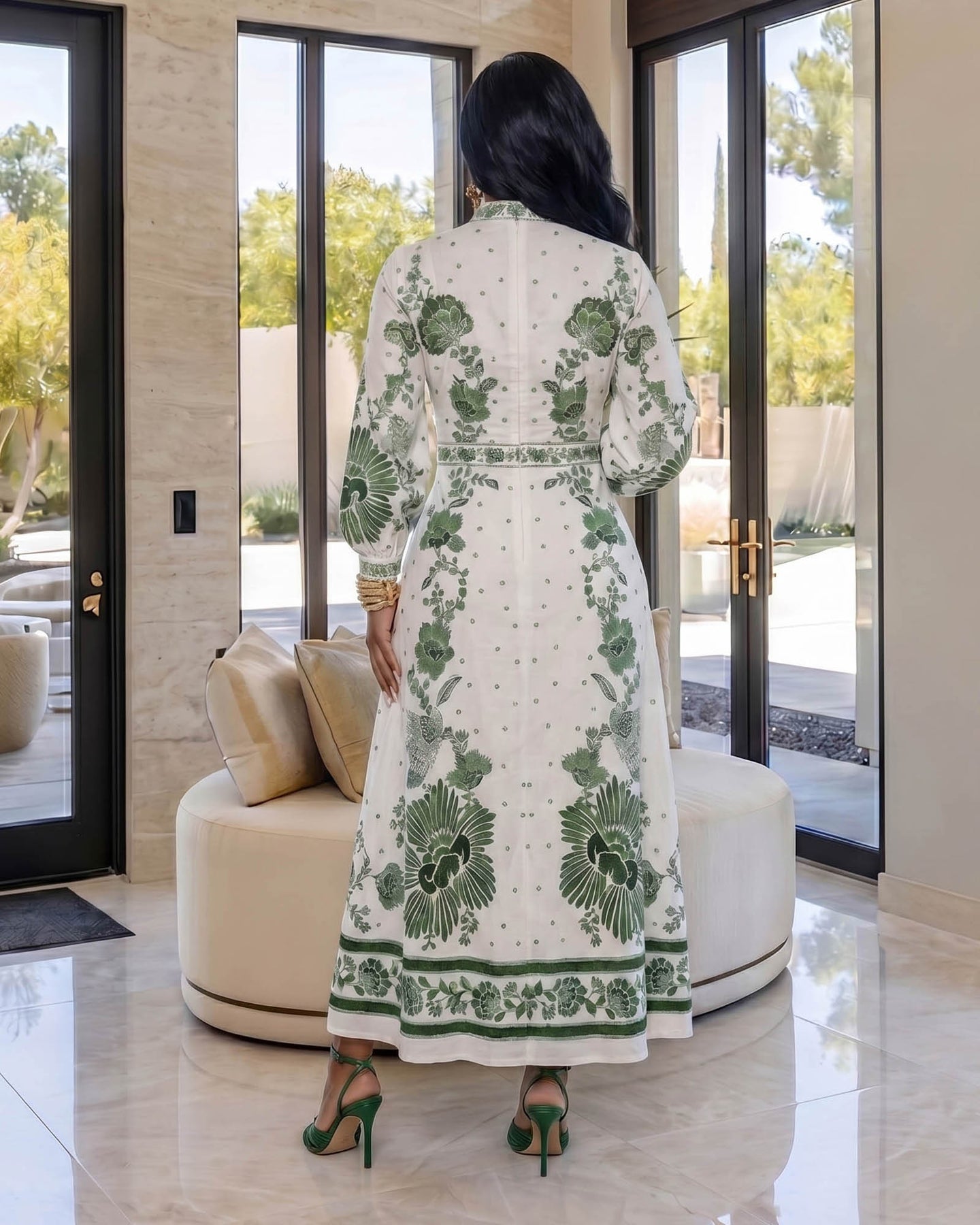 Lumie Off-White Green Print Midi Dress
