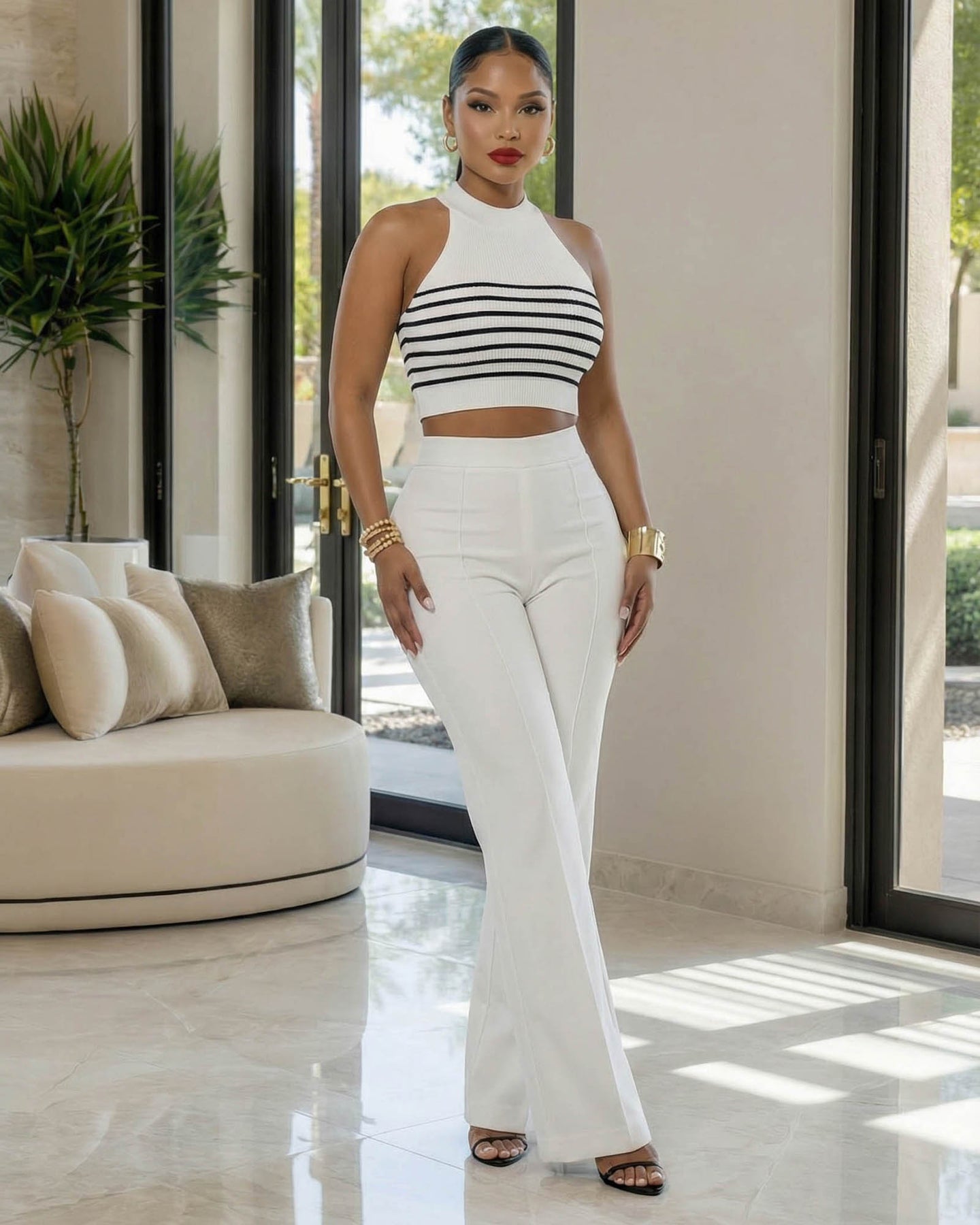 Sabine White Black Trim Stripes Knit Top & Pants Set