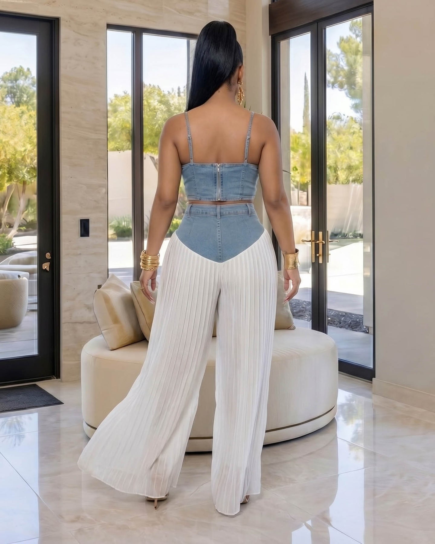 Avenley Denim White Bustier Top & Pants Set