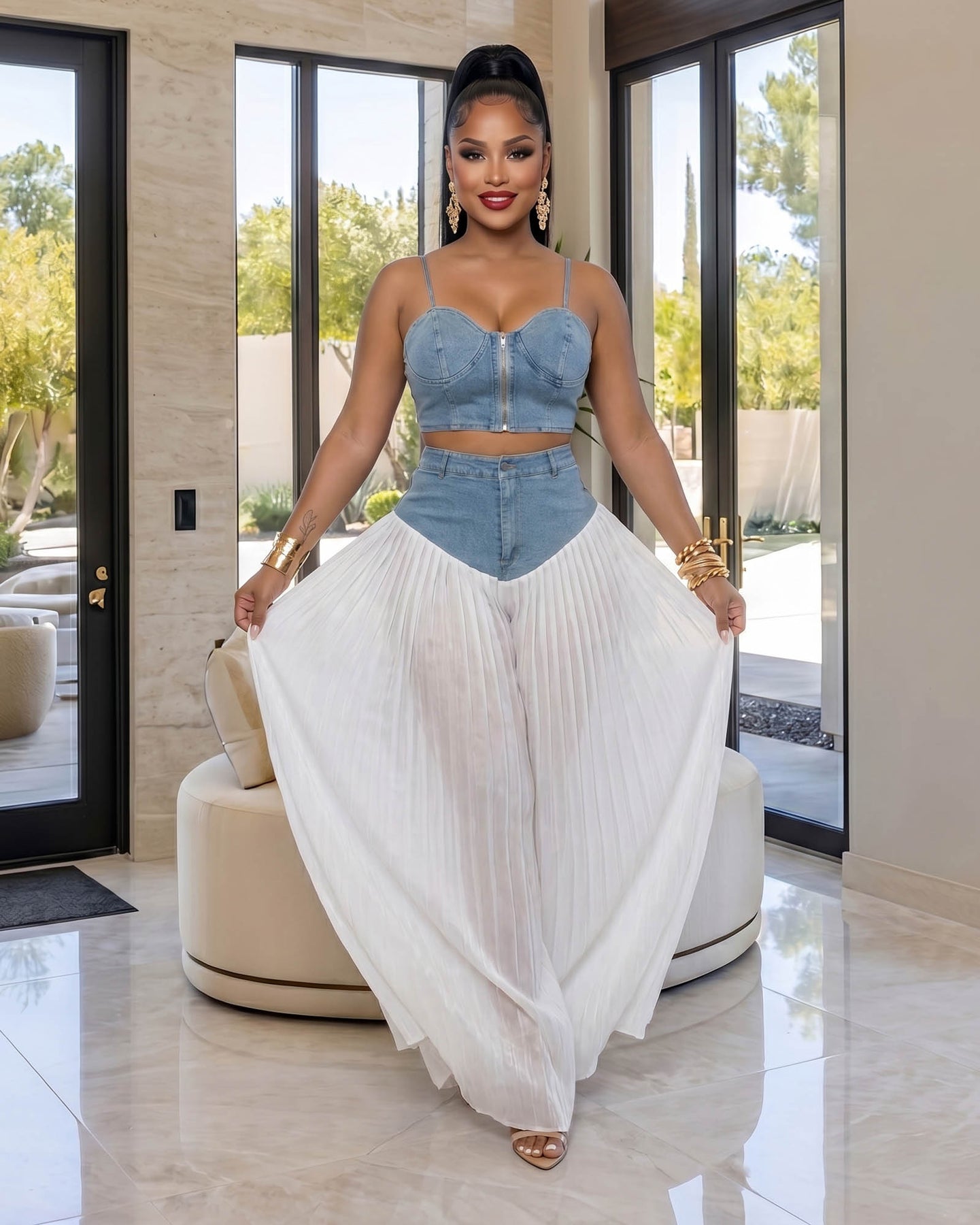 Avenley Denim White Bustier Top & Pants Set