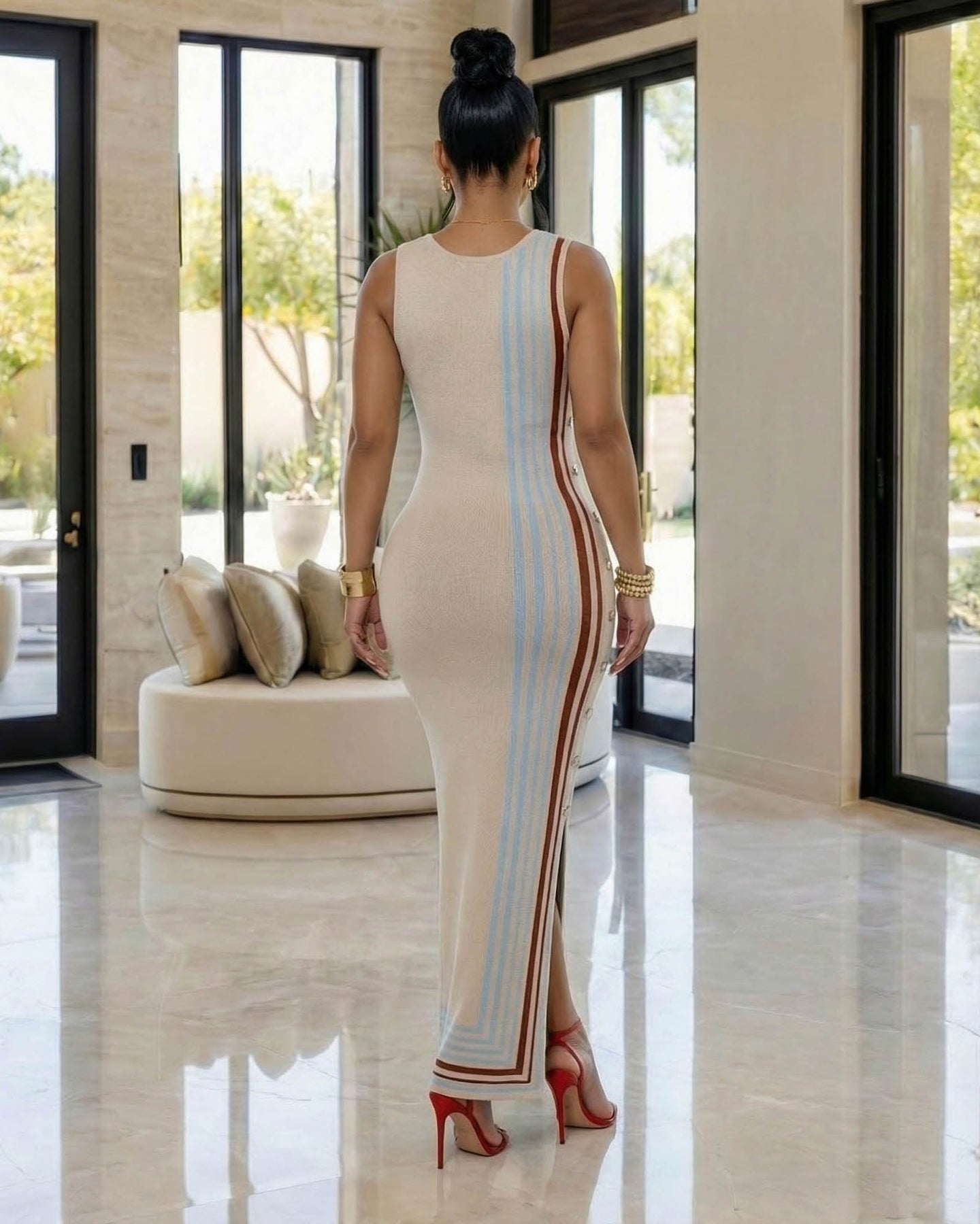 Anastavia Nude Button Stripes Knit Maxi Dress