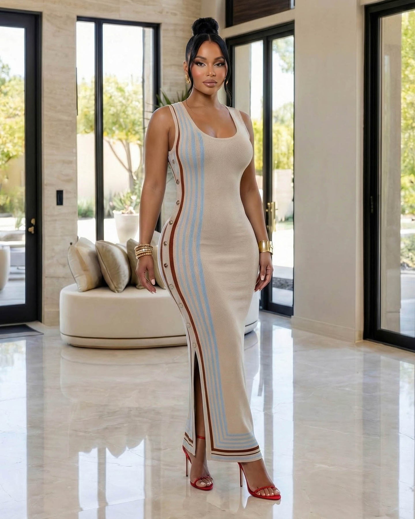 Anastavia Nude Button Stripes Knit Maxi Dress