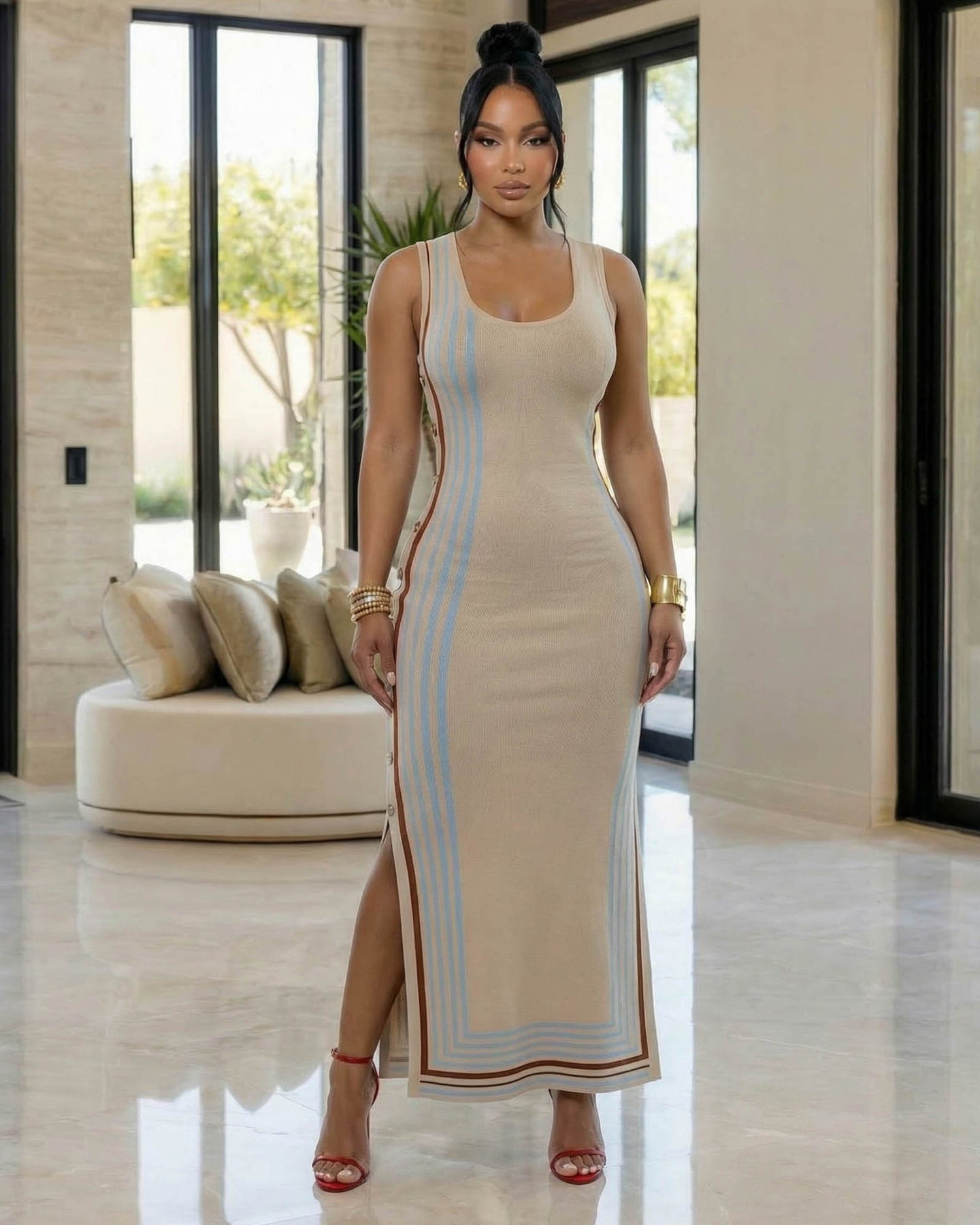 Anastavia Nude Button Stripes Knit Maxi Dress